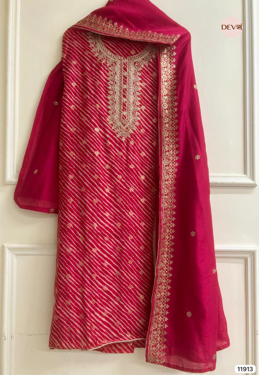 Rani Pink Modal Silk Embroidered Unstitched 3-Piece Suit (Devri – D.No 11913)