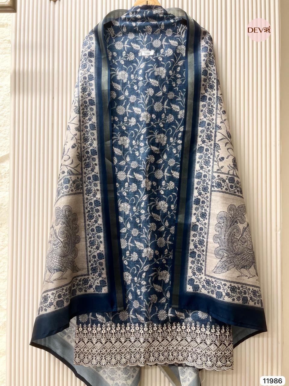 Blue Pure Tusser Silk Printed Unstitched 3-Piece Suit (Devri – D.No 11986)