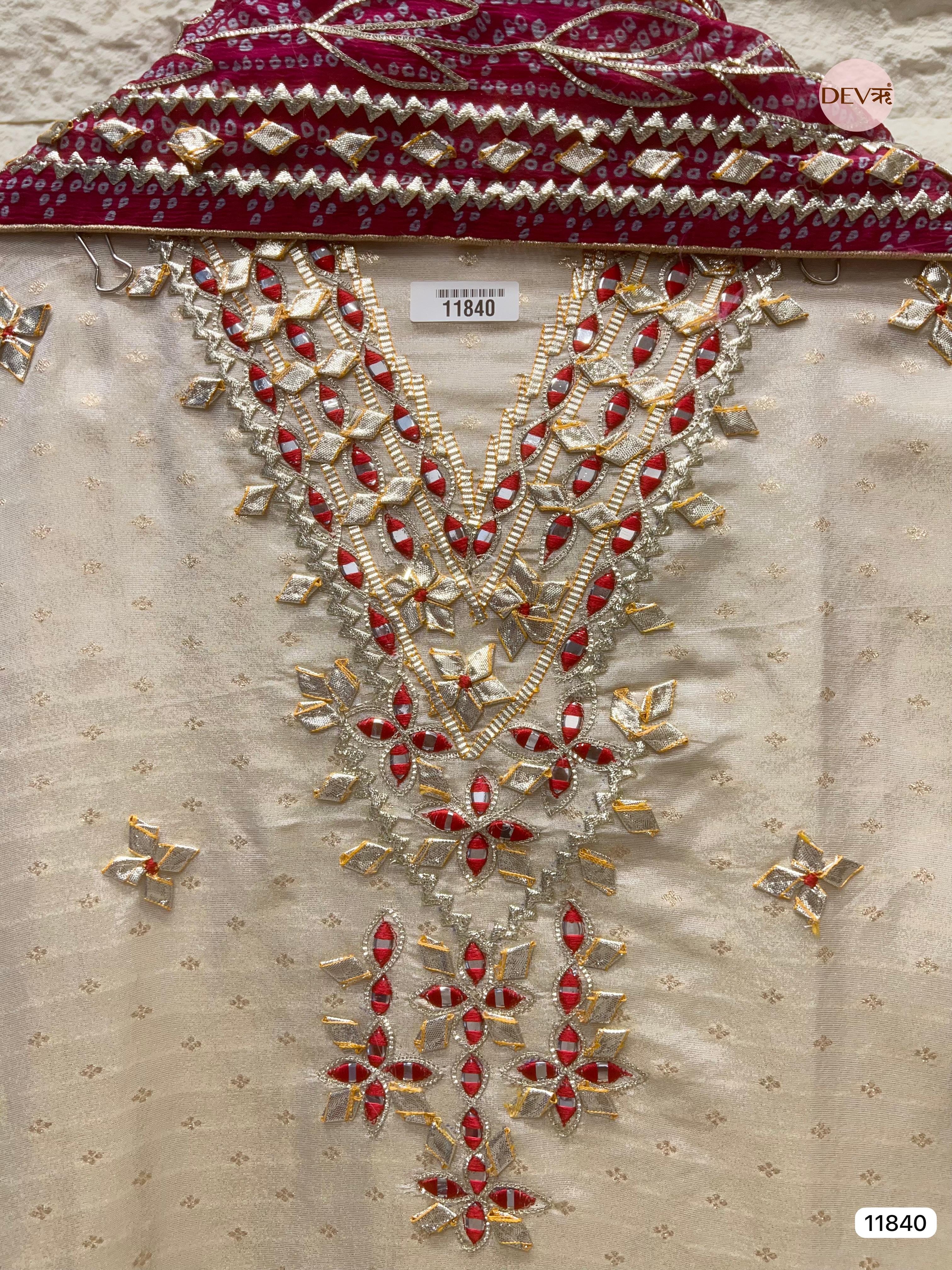 Cream Colour Pure Tissue Crush Silk Unstitched Hand Embroidered -Set Of 3 - {11840}