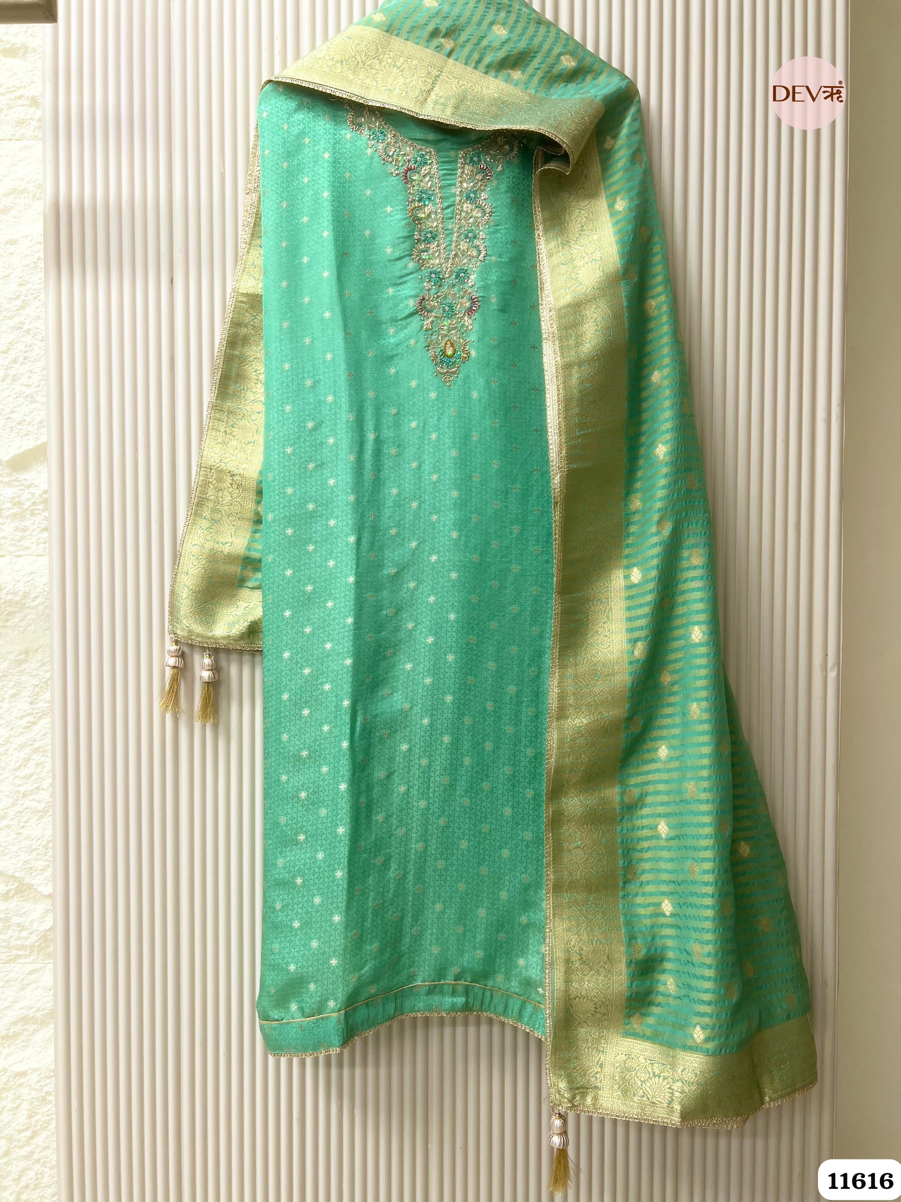 Green Pure Tissue Banarasi Silk Unstitched Hand Embroidered -Set Of 3 {11616}