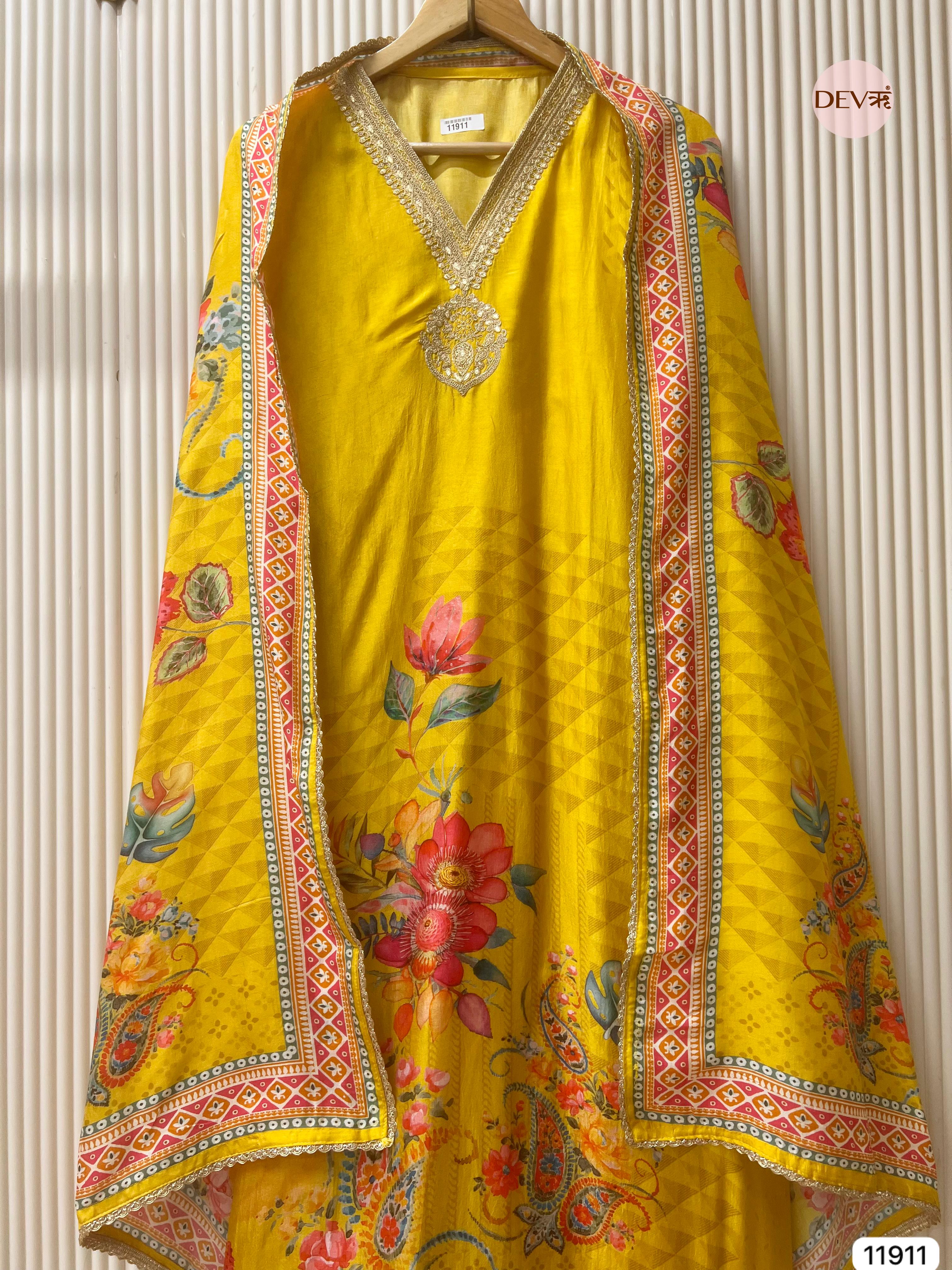 {11911} Yellow Pure Russian Silk Unstitched Printed Embroidered -Set Of 3