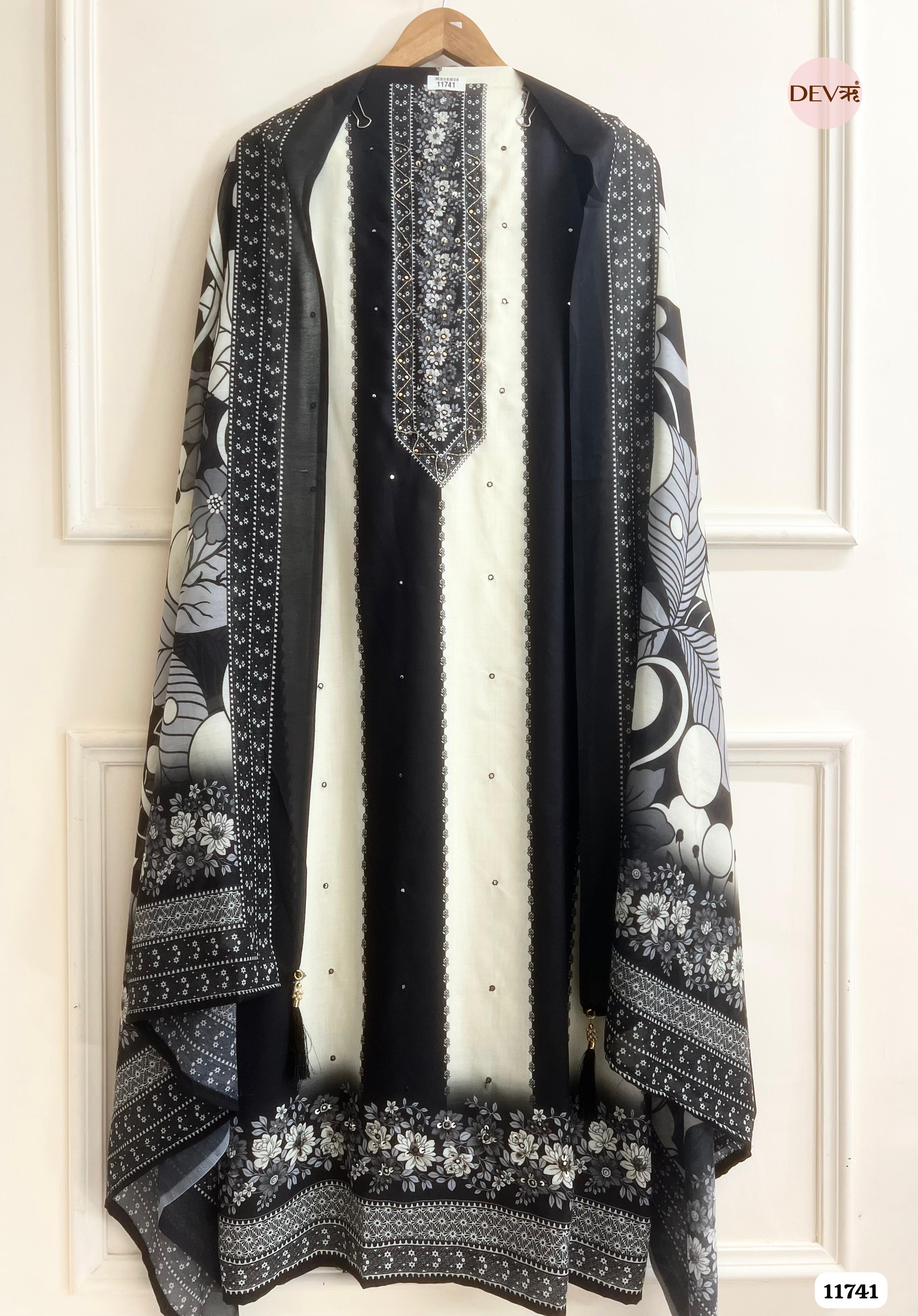 Black And White Cotton Unstitched Embroidered Printed -Set Of 3 {11741}