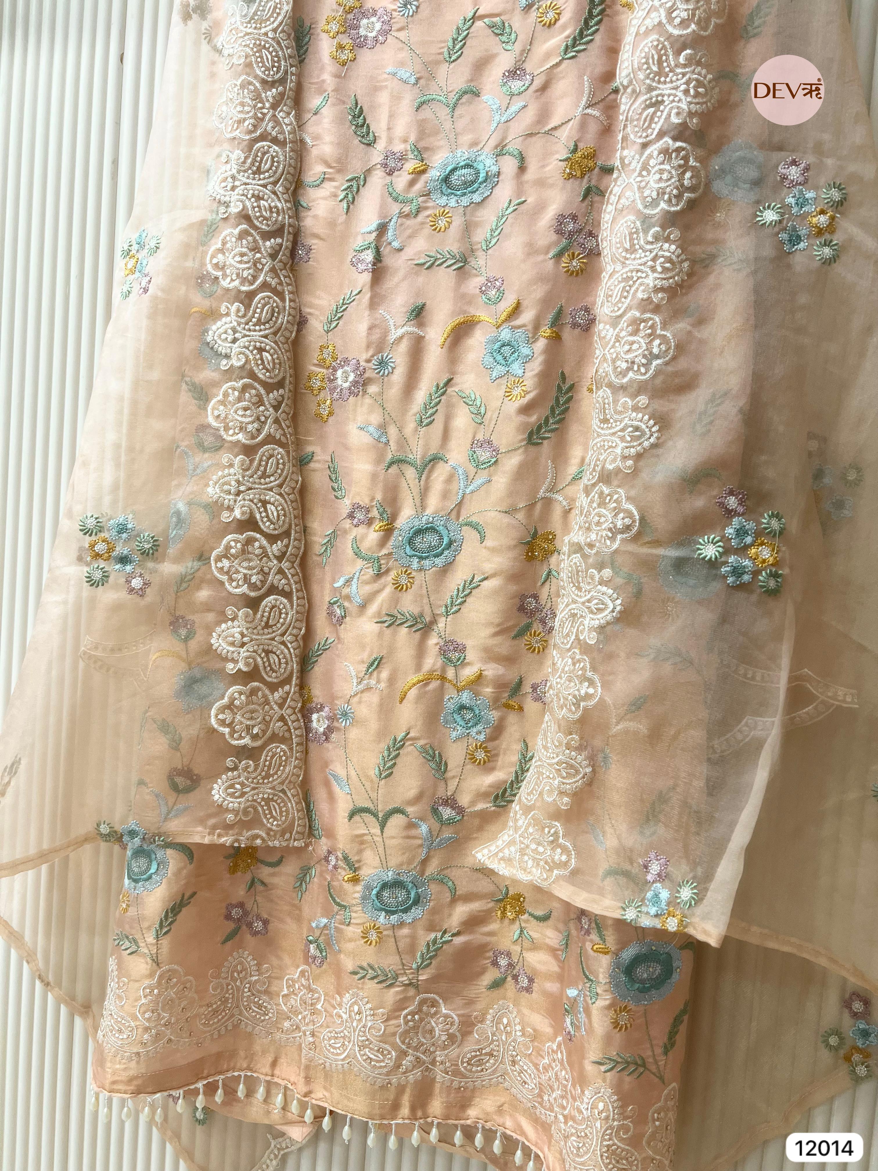 Beige Shimmer Tissue Silk Unstitched Embroidered -Set Of 3- {12014}