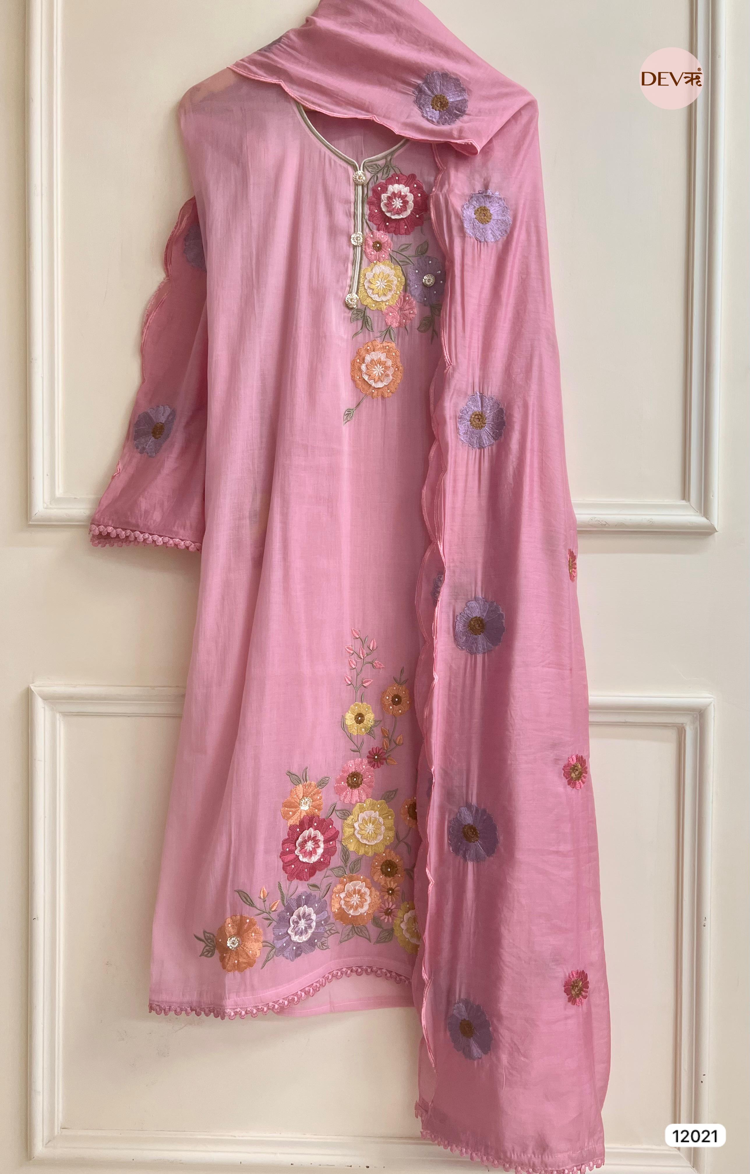 Pink Pure Mul Chanderi Unstitched Embroidered -Set Of 3 - {12021}