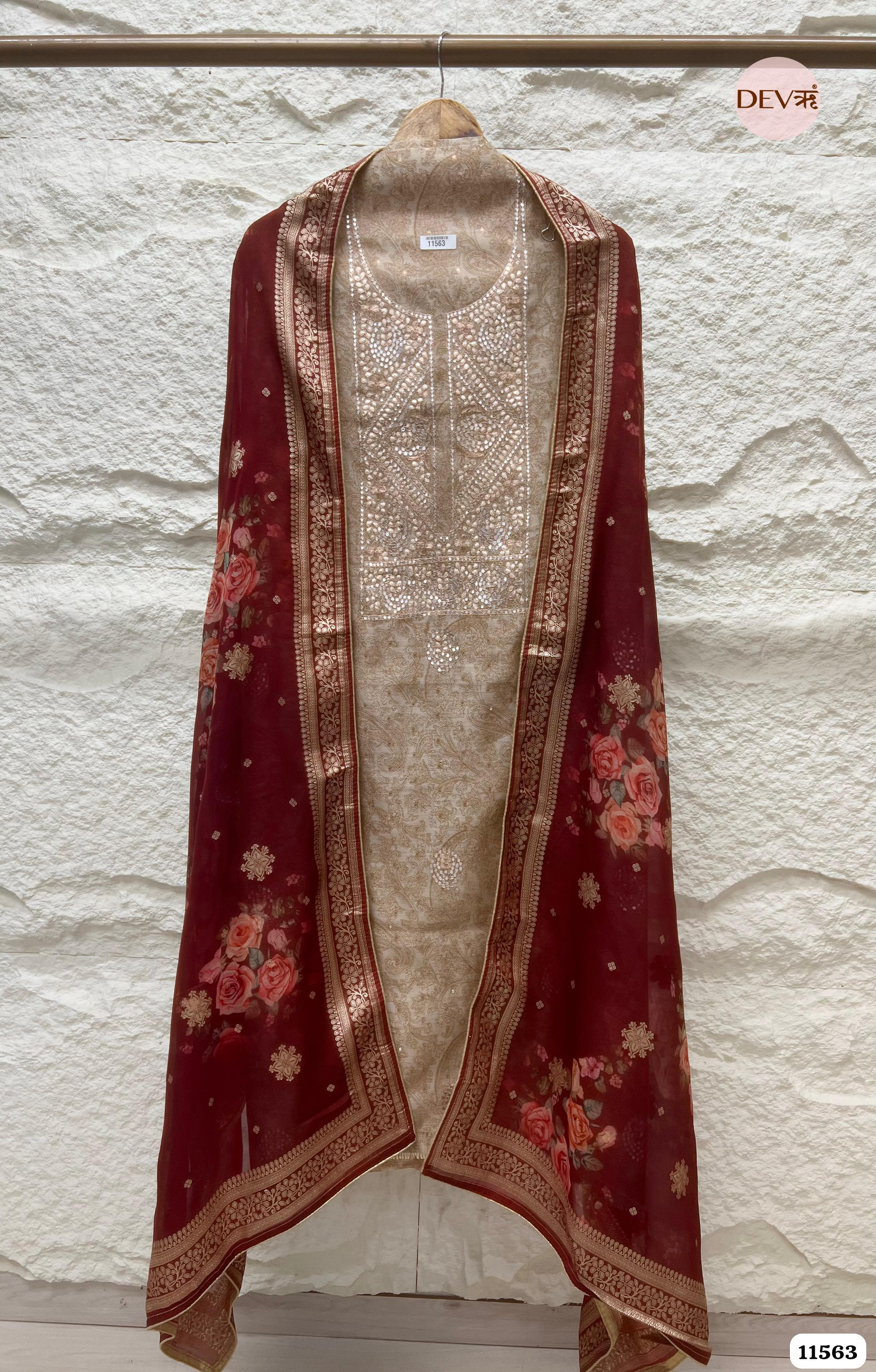 Cream Colour Pure Organza Silk Printed Unstitched Hand Embroidered -Set Of 3 {11563}