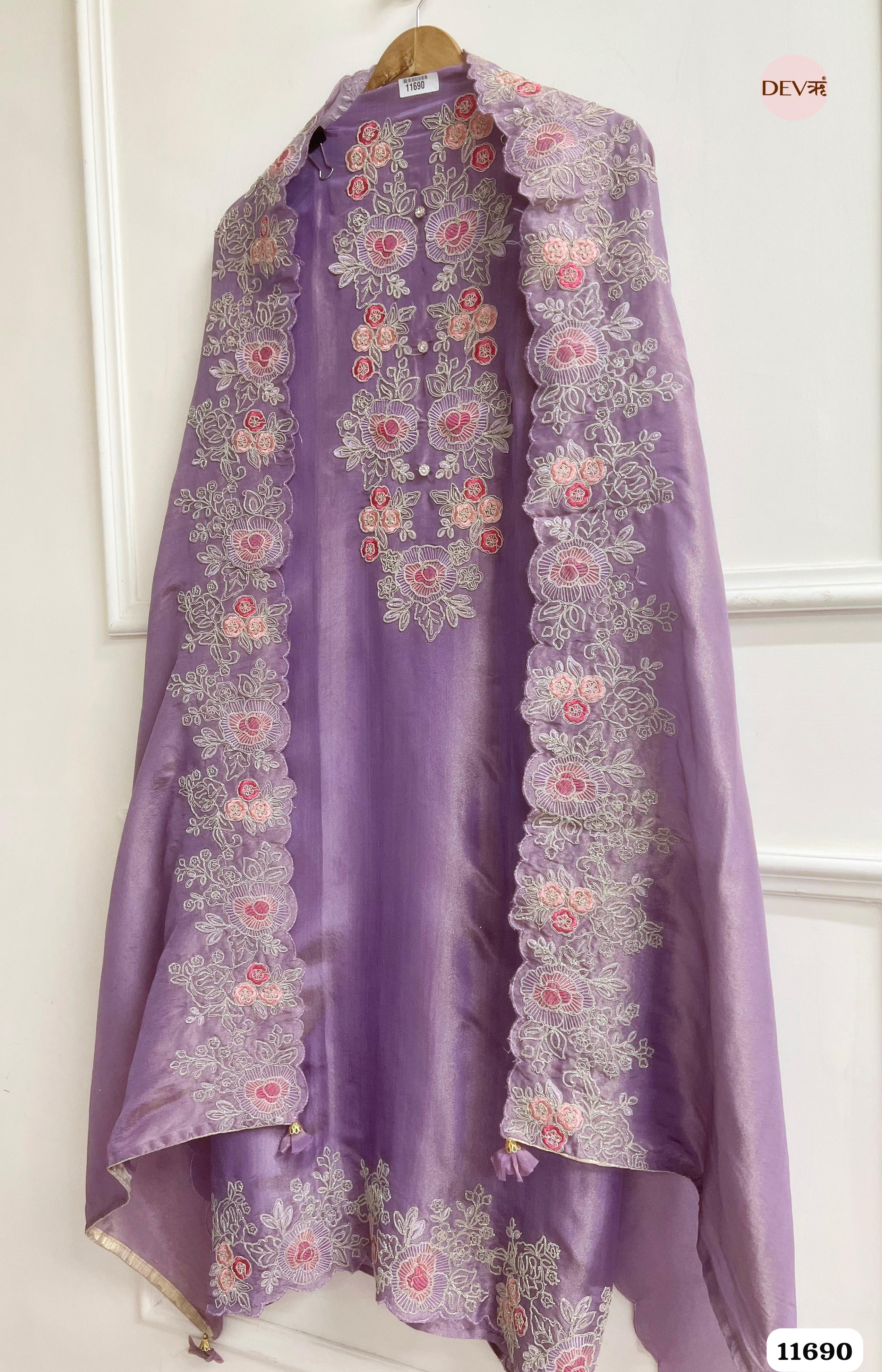 Purple Tissue Silk Unstitched Embroidered -Set Of 3 {11690}