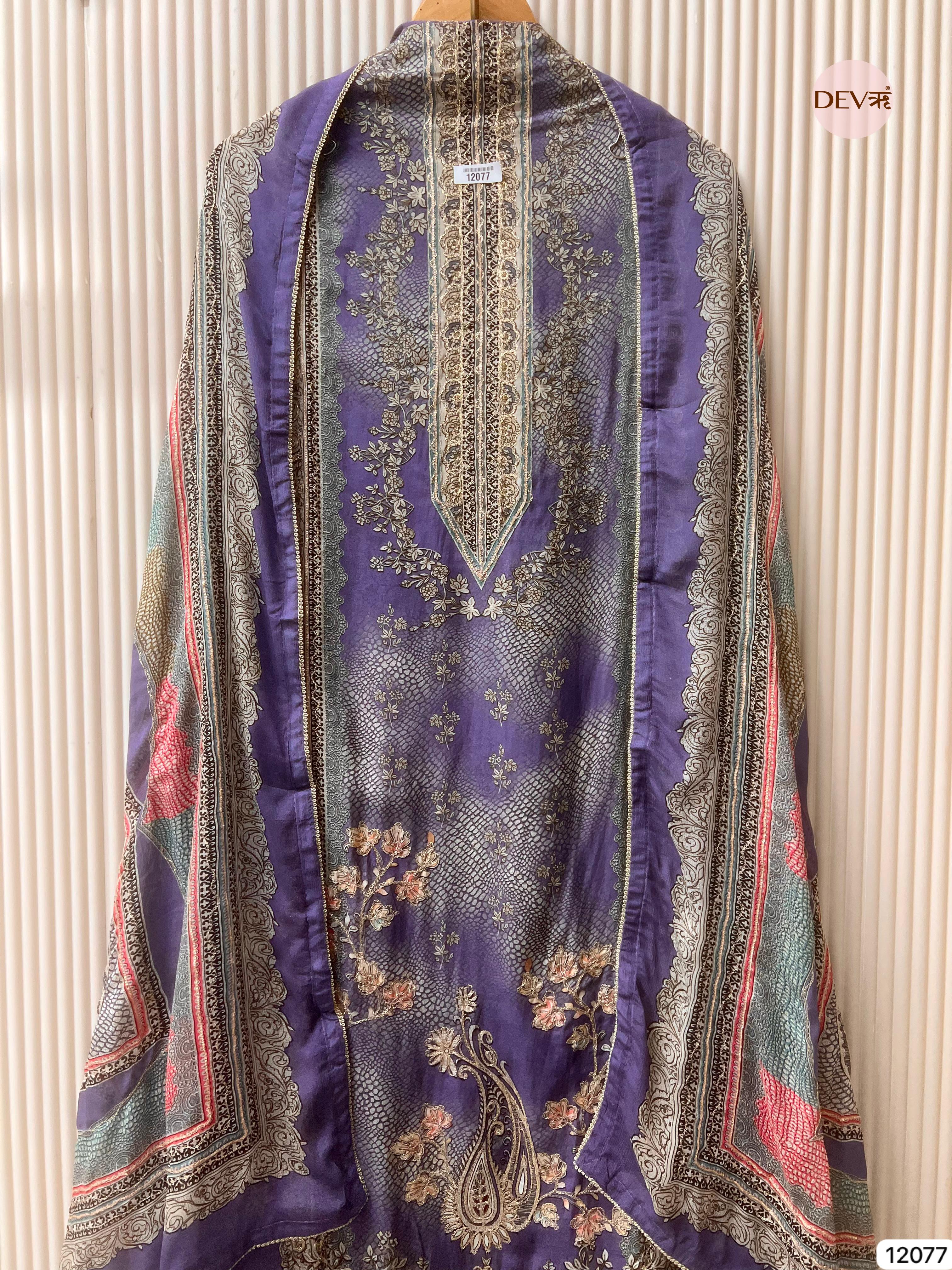 Purple Pure Muslin Unstitched Printed With Hand Zardosi Embroidery -Set Of 3 - {12077}