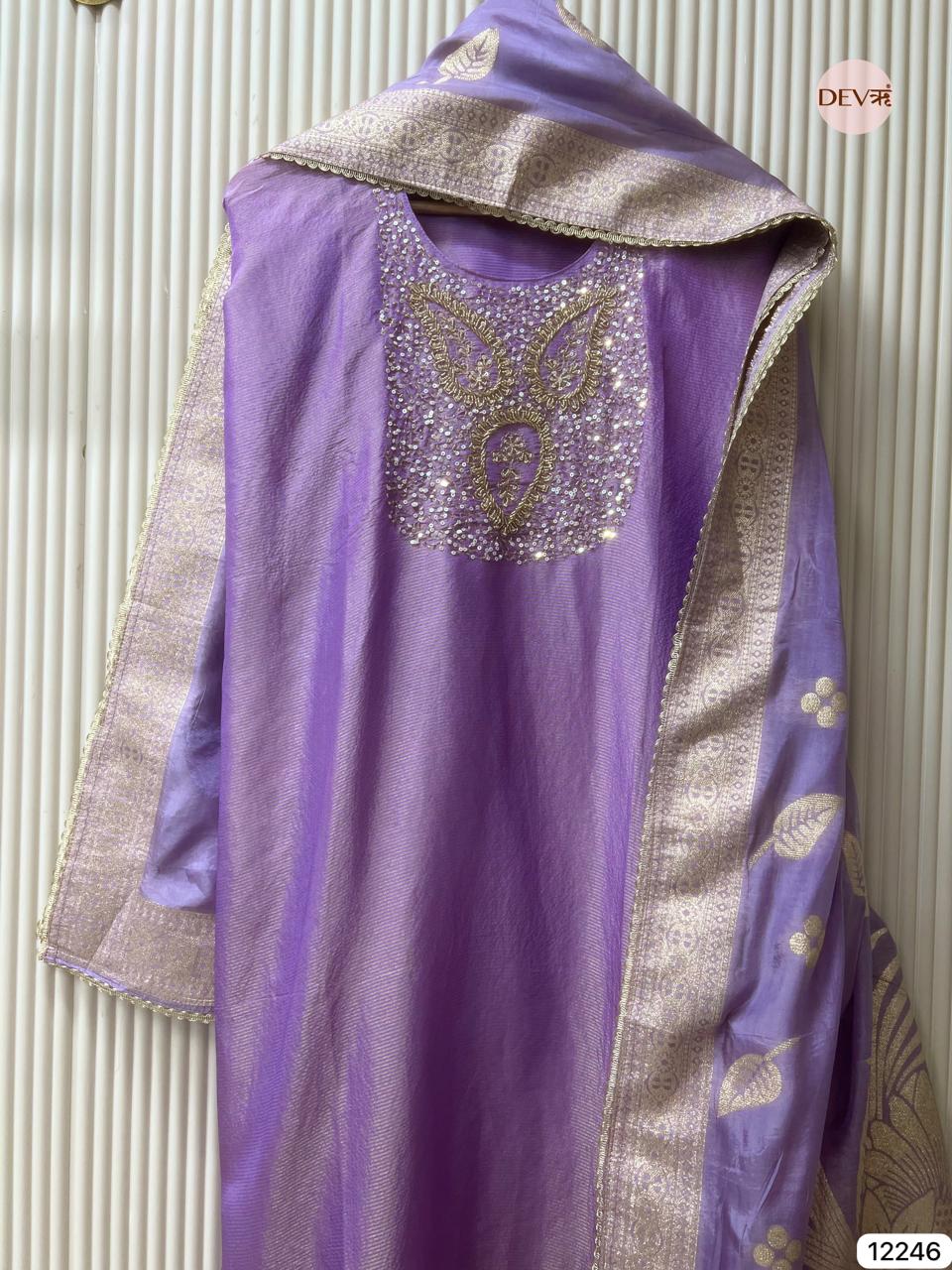 Lavender Tissue Shimmer Silk Embroidered Unstitched 3-Piece Suit (Devri – D.No 12246)