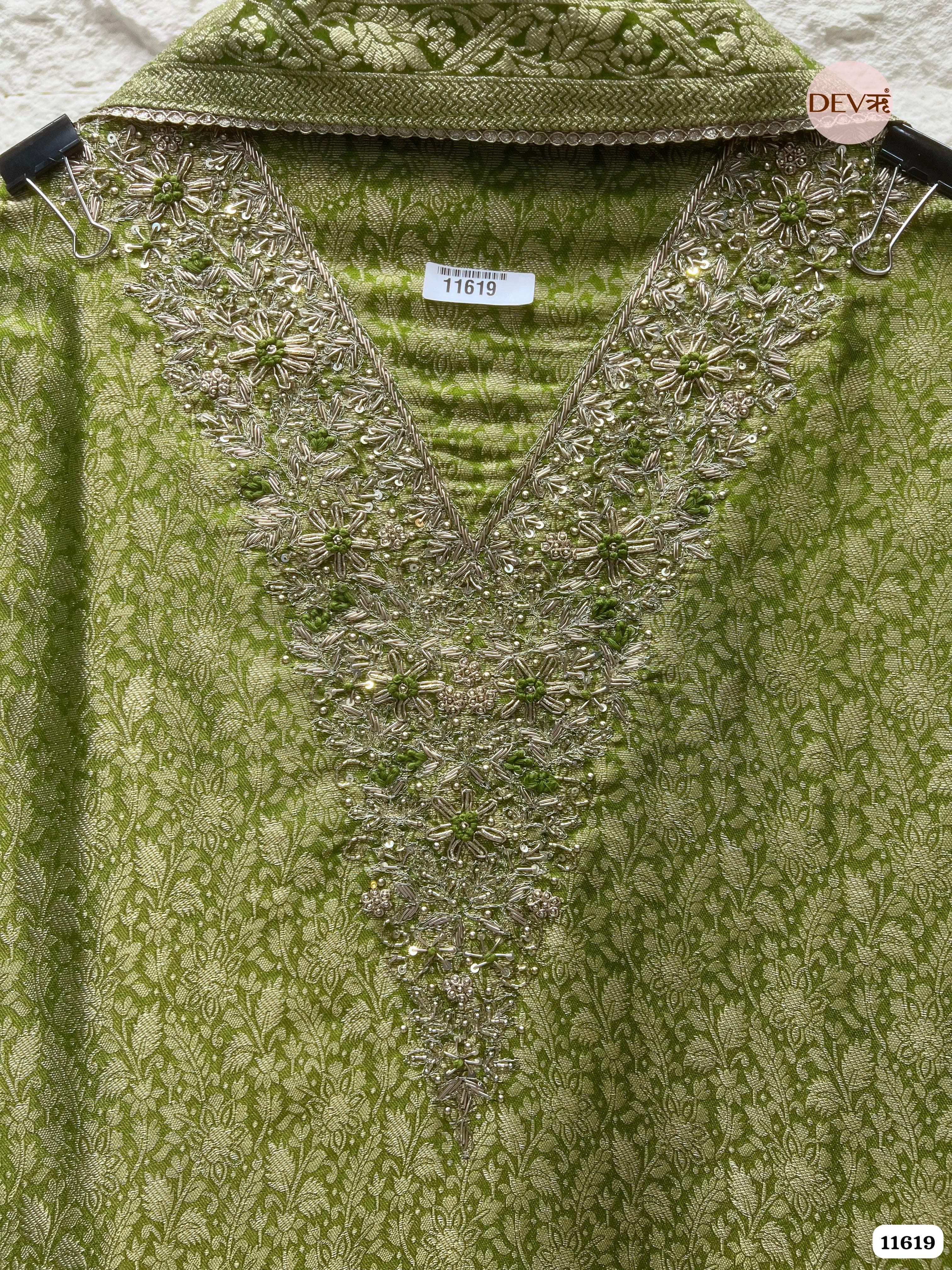 Green Pure Tissue Banarasi Silk Unstitched Hand Embroidered -Set Of 3 {11619}