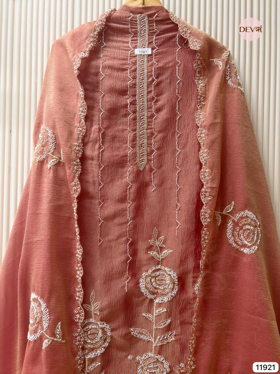 Rust Pure Tissue Crush Unstitched Hand Embroidered -Set Of 3 - {11921}