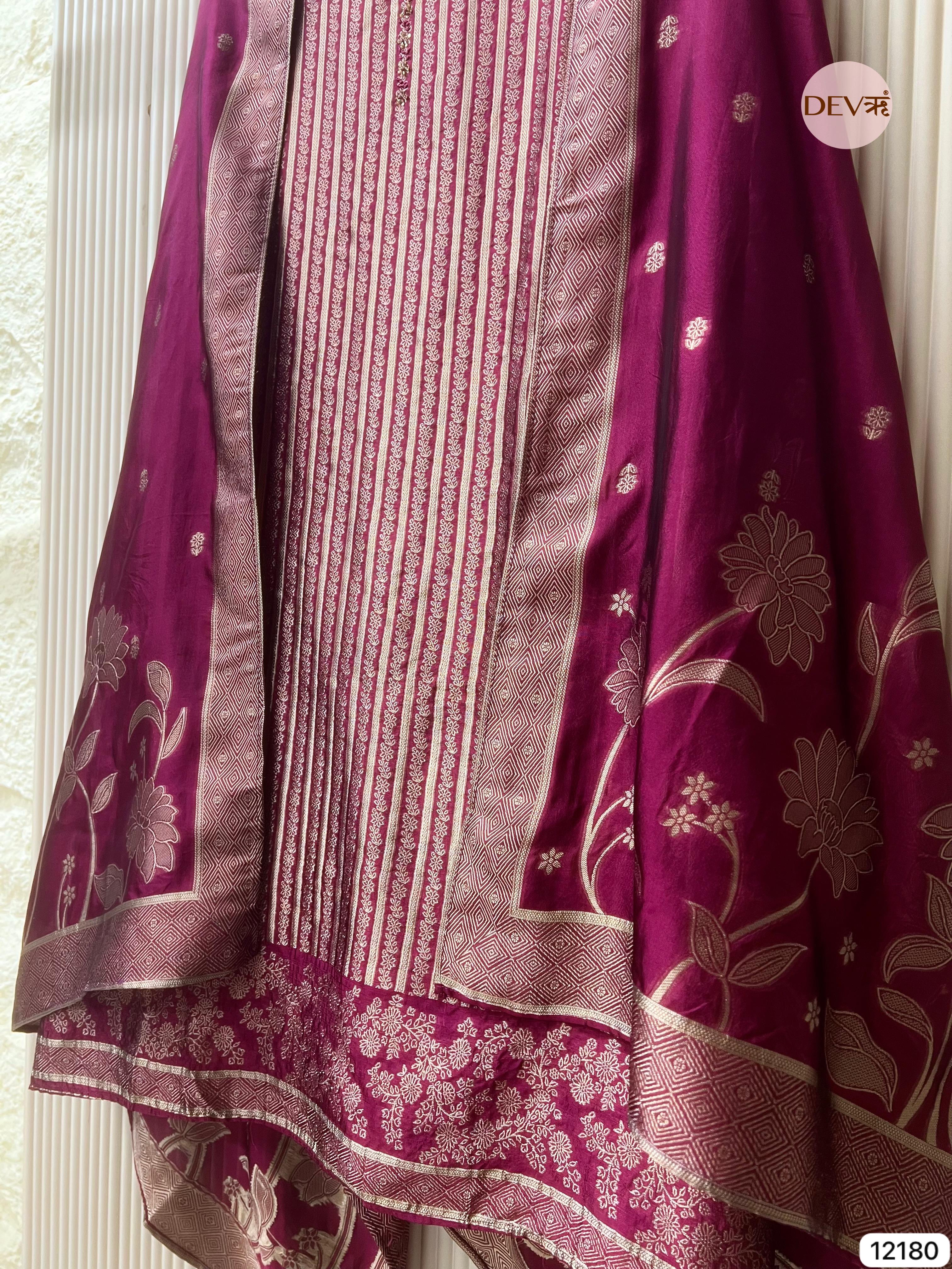 Maroon Pure Banarasi Silk Unstitched Hand Embroidered-Set of 3 - {12180}