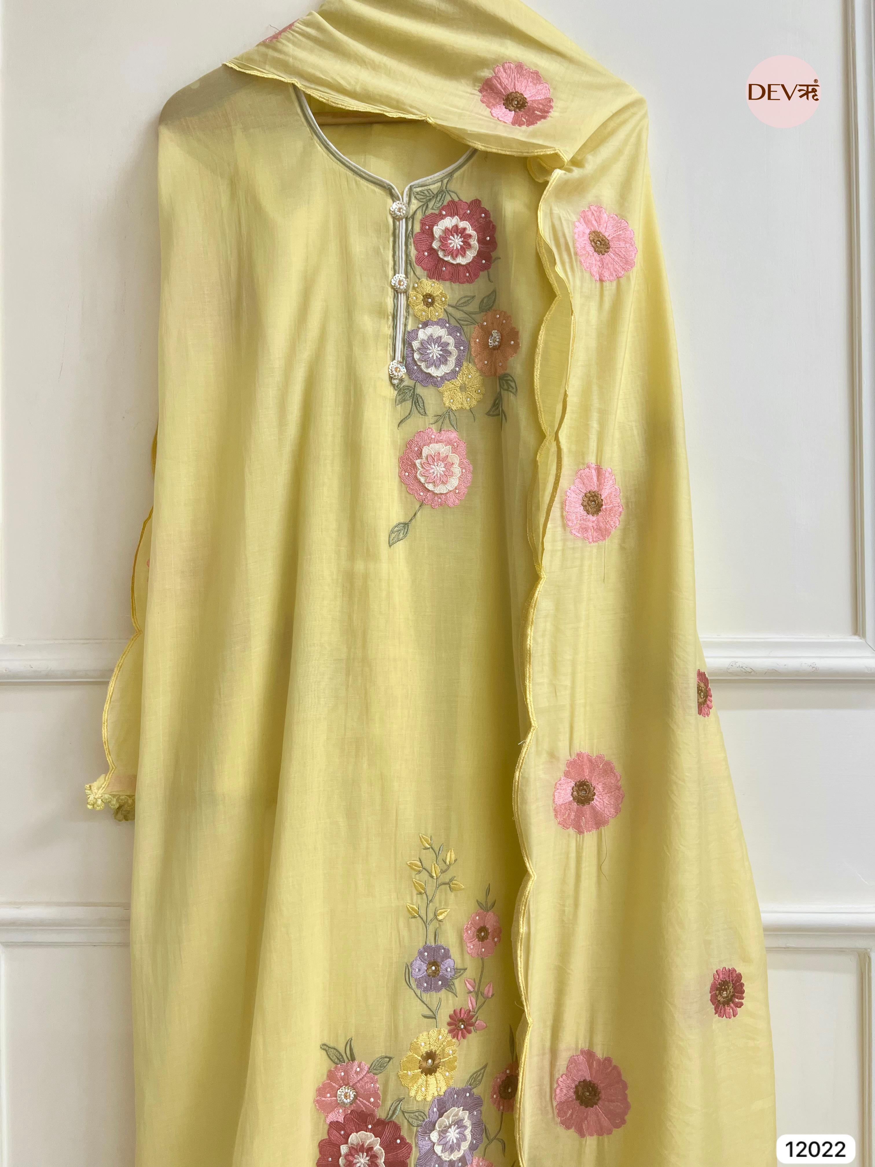 Yellow Pure Mul Chanderi Unstitched Embroidered -Set Of 3 - {12022}