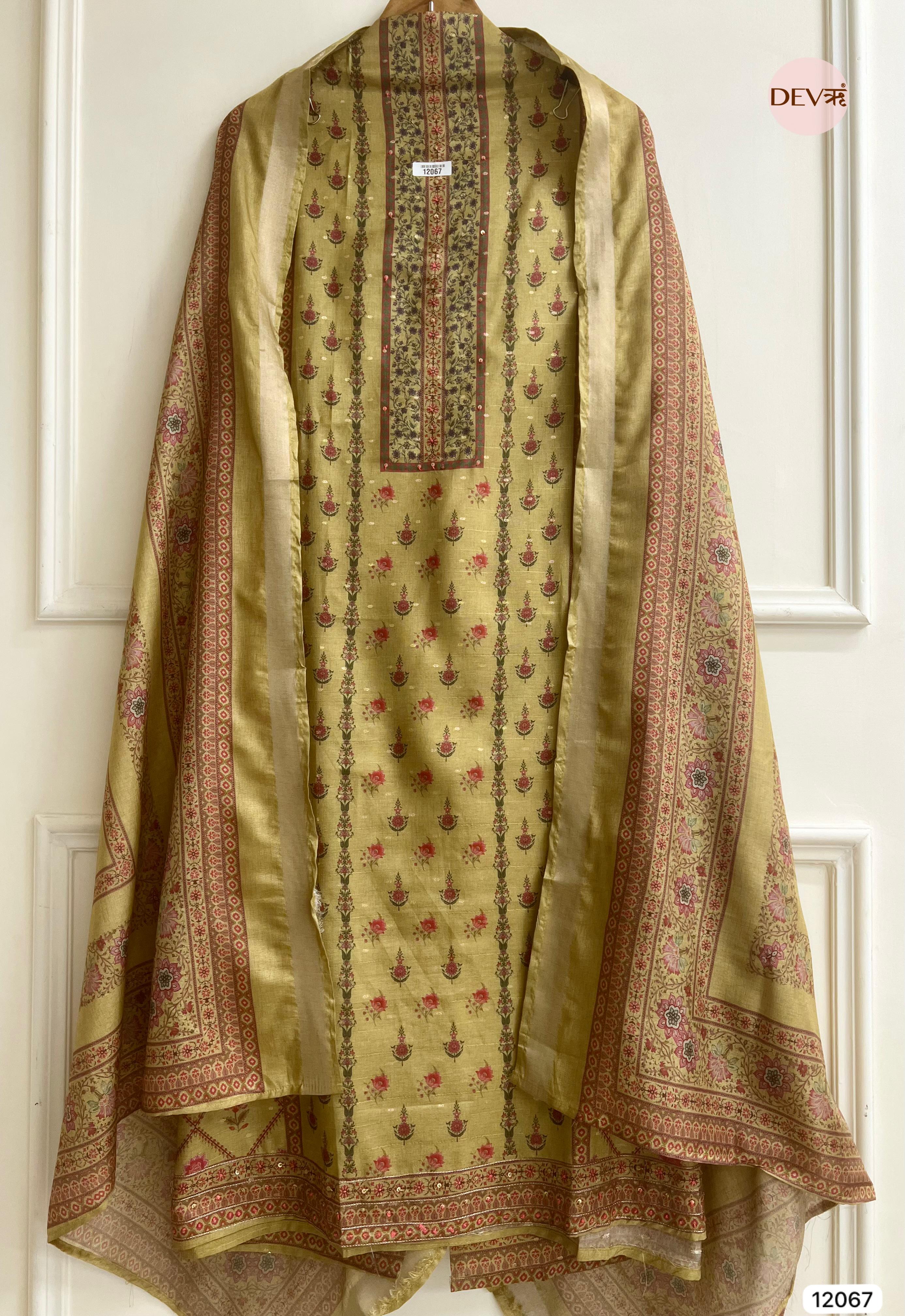 Yellow Raw Handloom Silk Unstitched Designer Printed With Hand Embroidery -Set Of 3 - {12067}