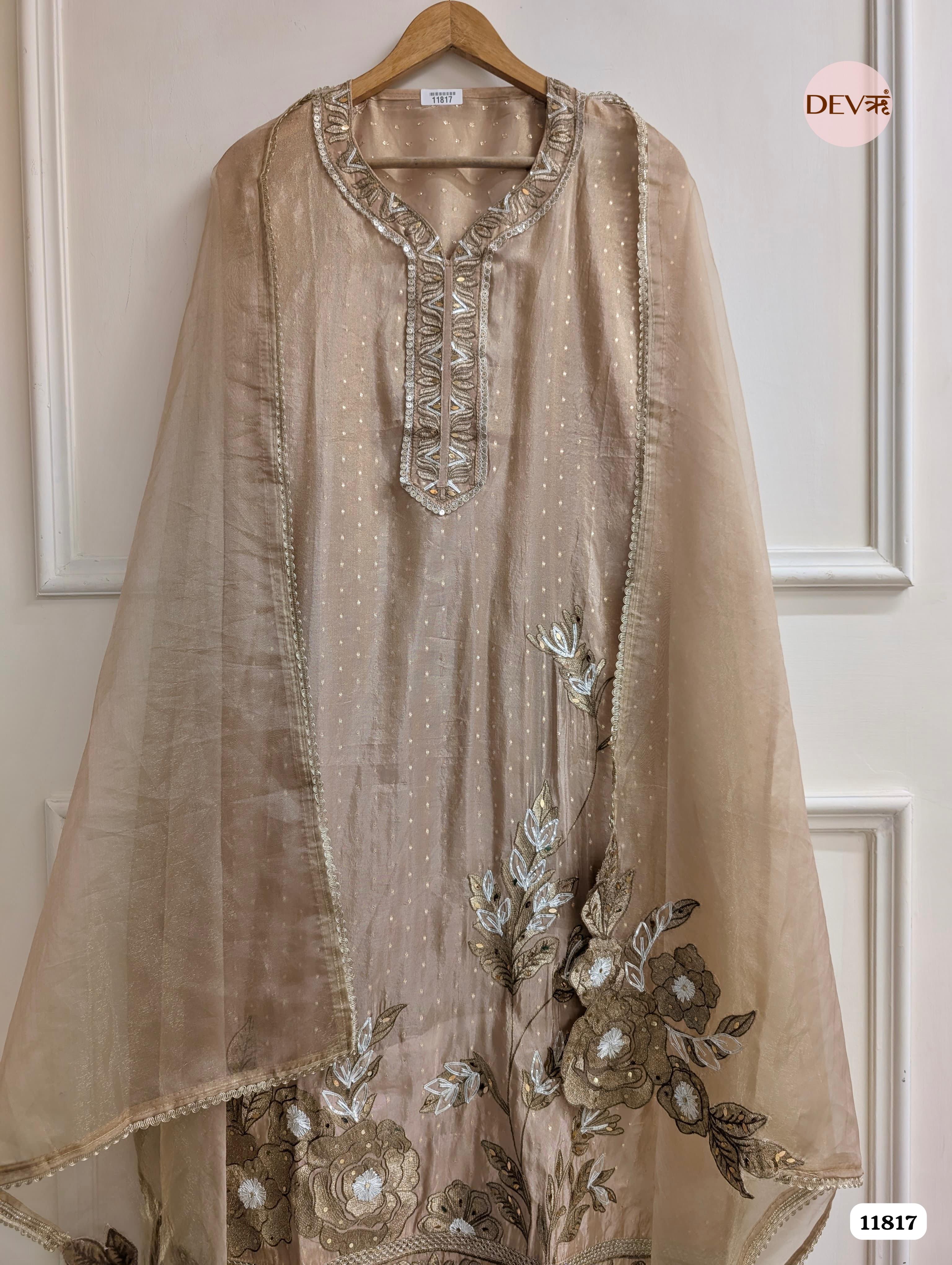 Golden Tissue Silk Woven Unstitched Embroidered -Set Of 3 {11817}