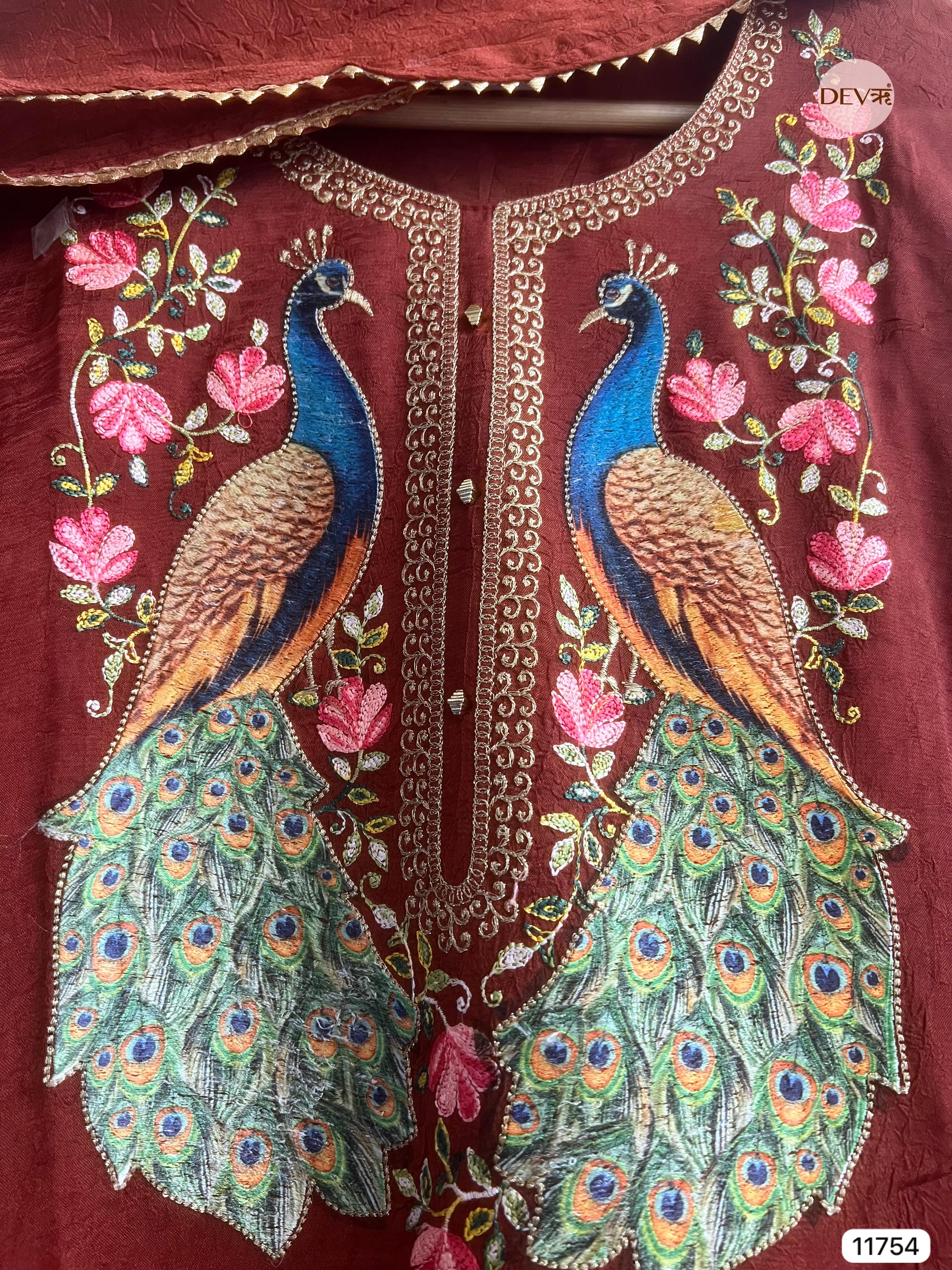 Maroon Russian Silk Unstitched Hand Applique Work Embroidered -Set Of 3 - {11754}