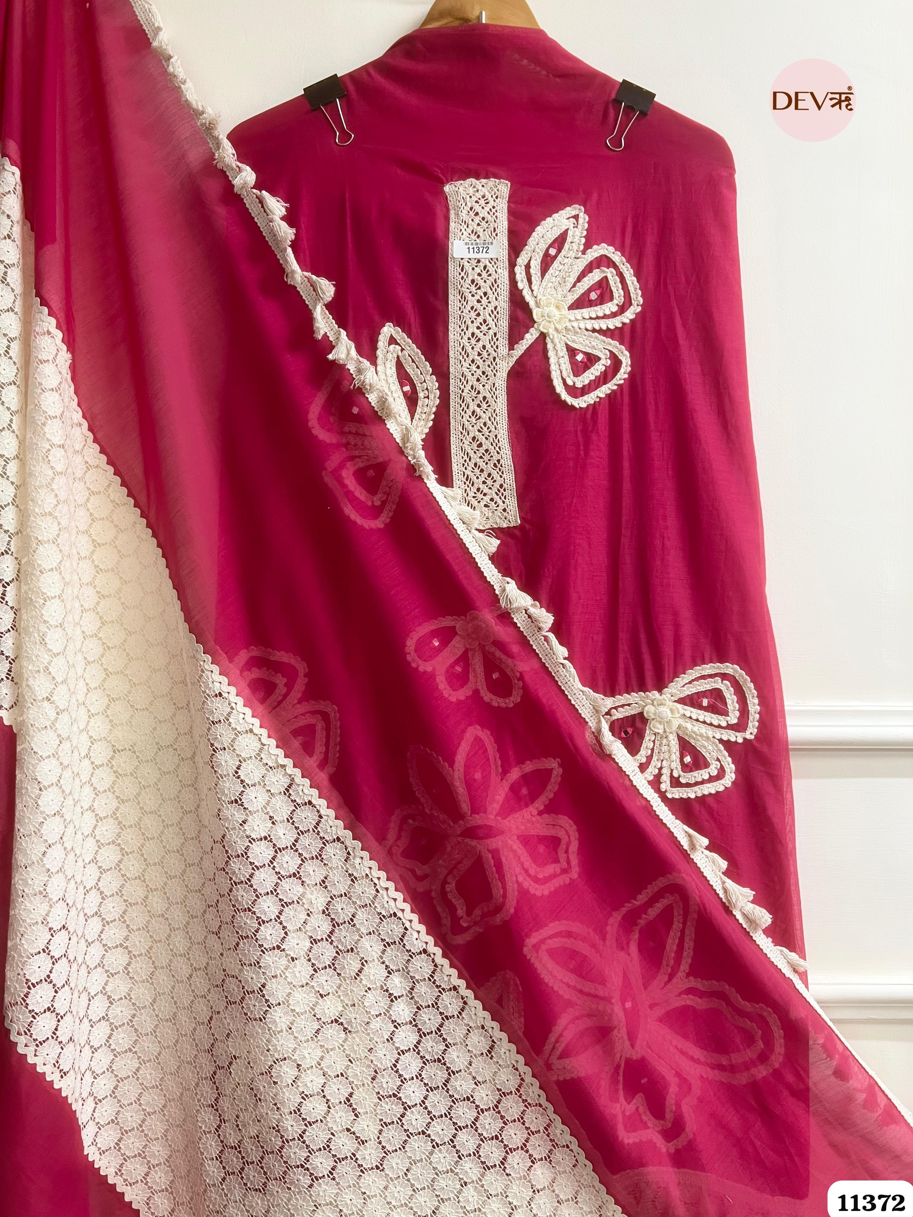 Pink Mul Chanderi Unstitched Hand Embroidered -Set Of 3 {11372}