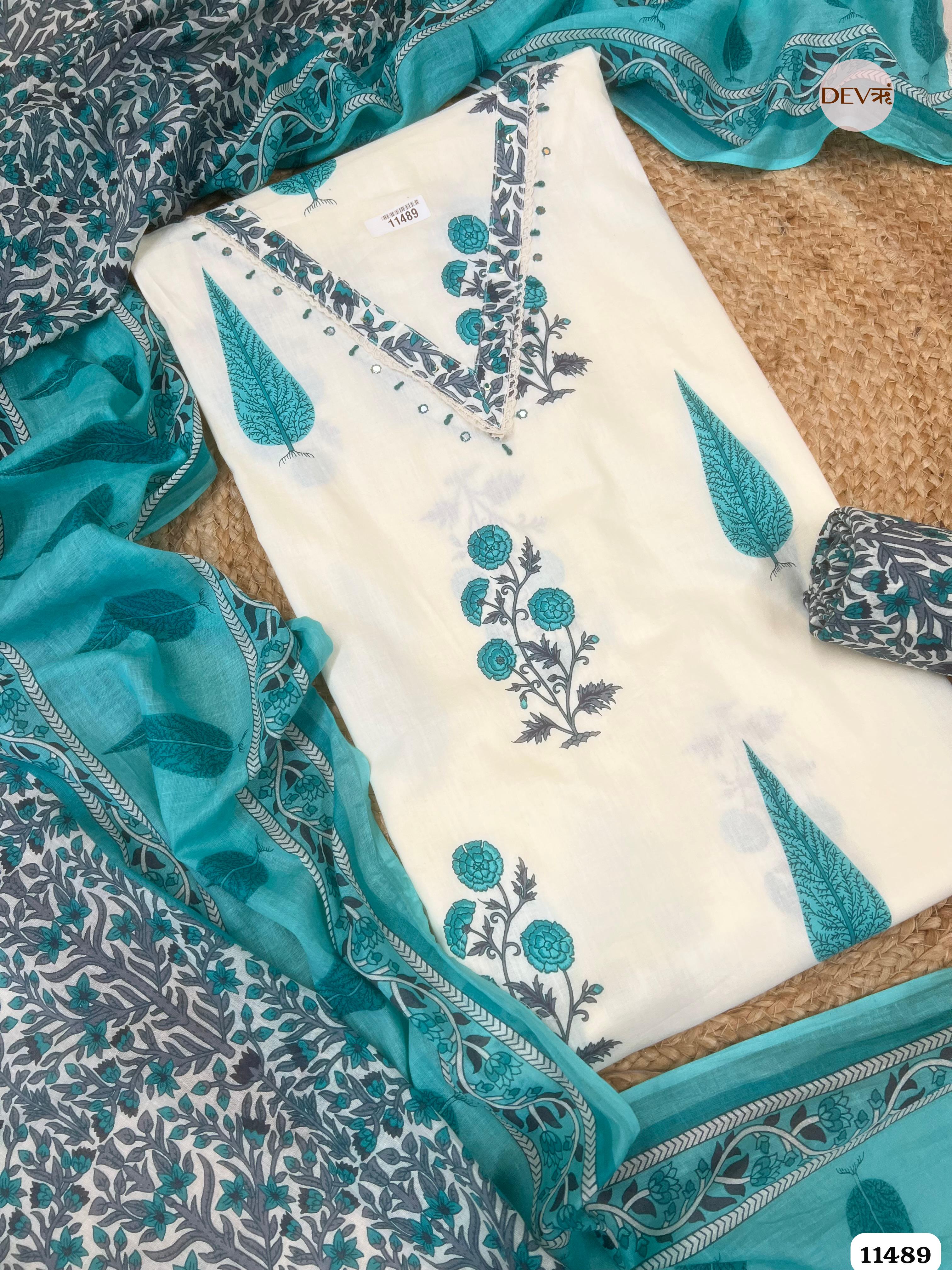 Blue Pure Cotton Unstitched Printed Embroidered -Set Of 3 {11489}