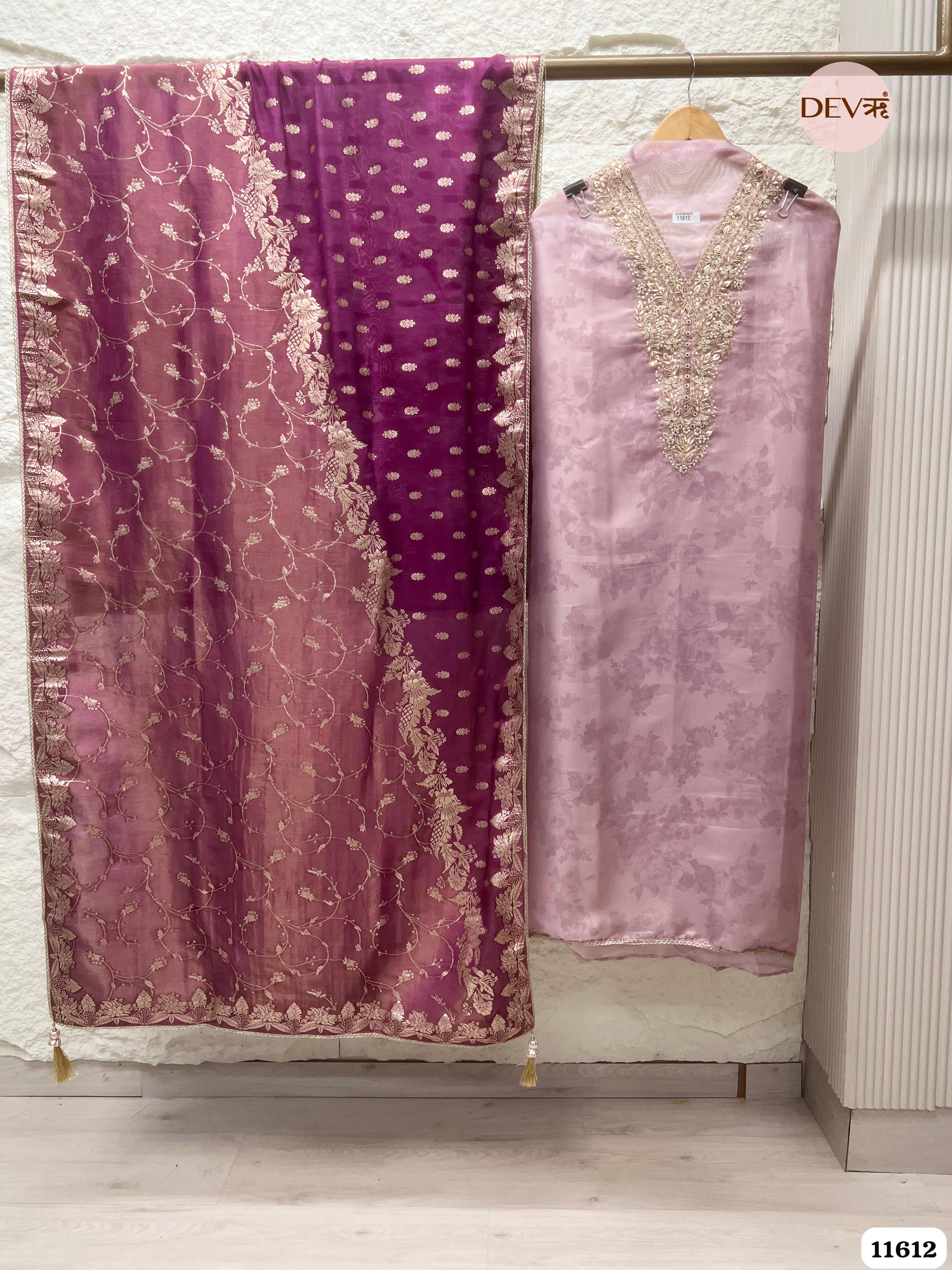 Light Purple Pure Tissue Organza Printed Unstitched Hand Embroidered -Set Of 3 {11612}