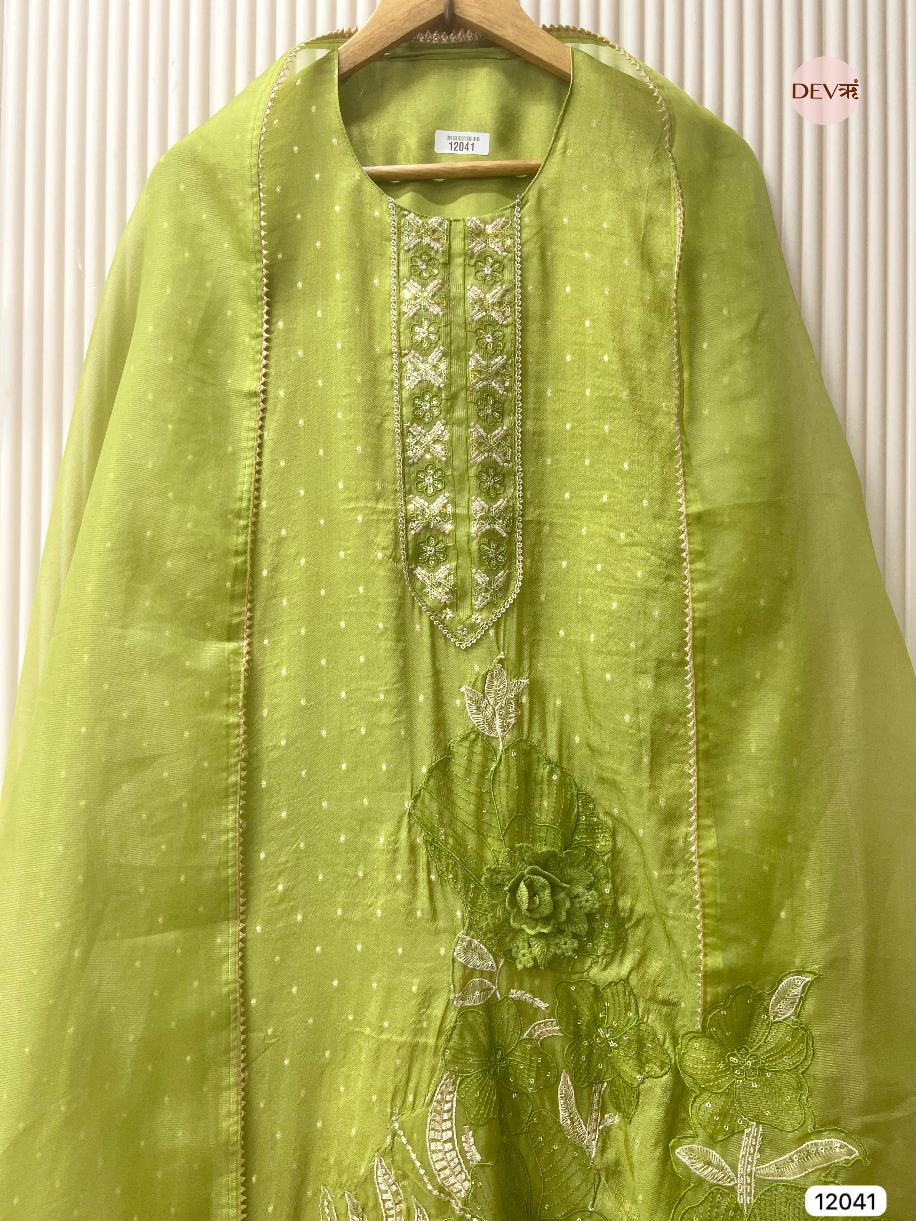 Green Tissue Shimmer Silk Unstitched Embroidered -Set Of 3 - {12041}