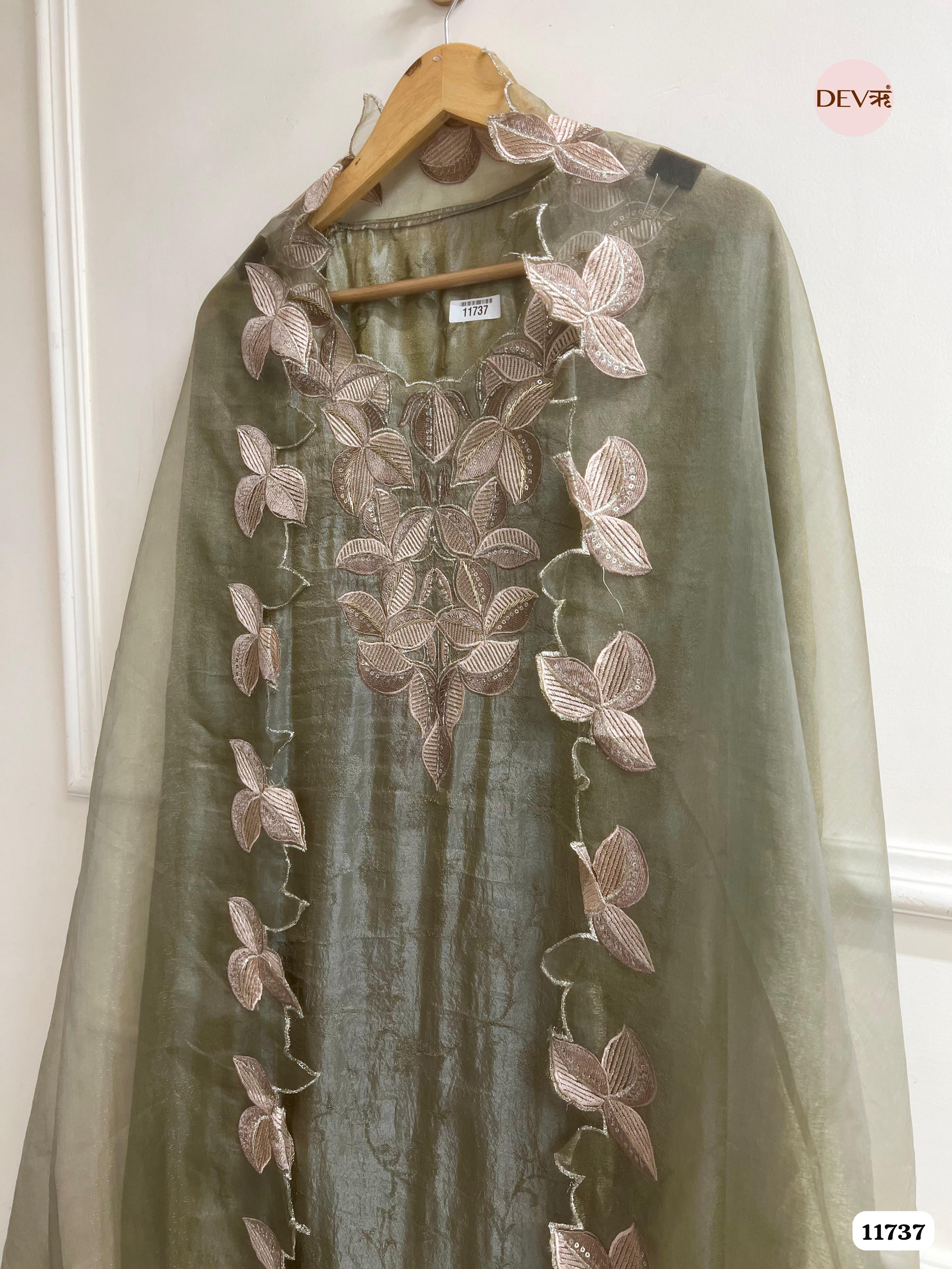 Green Tissue Silk Woven Unstitched Embroidered -Set Of 3 {11737}