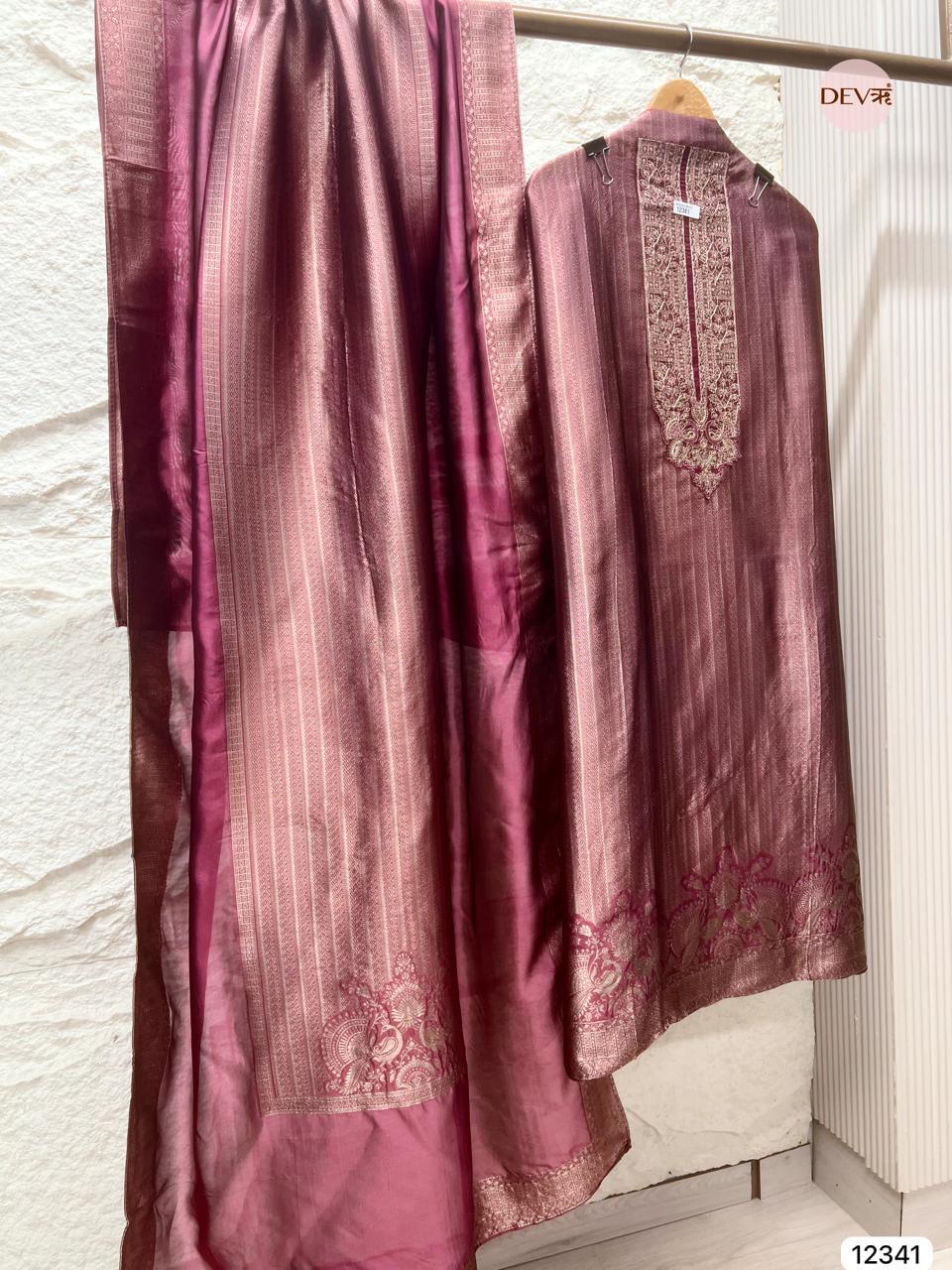 Wine Maroon Pure Banarasi Silk Woven Unstitched 3-Piece Suit (Devri – D.No 12341)