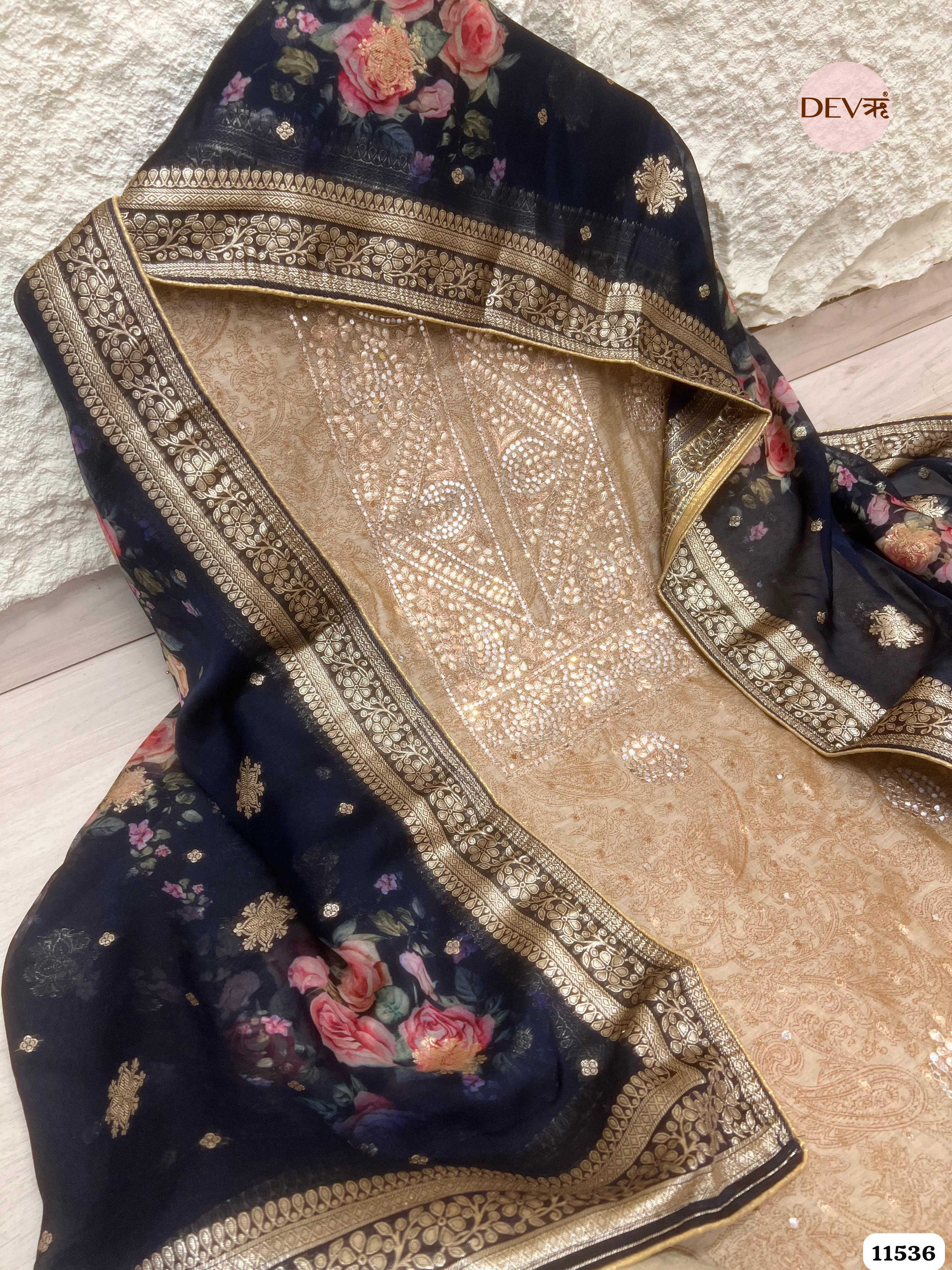 Cream Colour Pure Organza Silk Printed Unstitched Hand Embroidered -Set Of 3 {11536}
