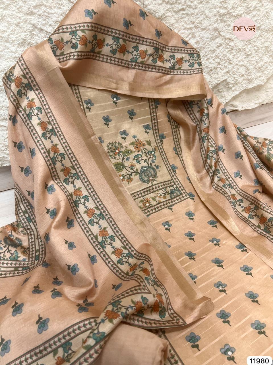Beige Pure Tusser Silk Printed Unstitched 3-Piece Suit (Devri – D.No 11980)