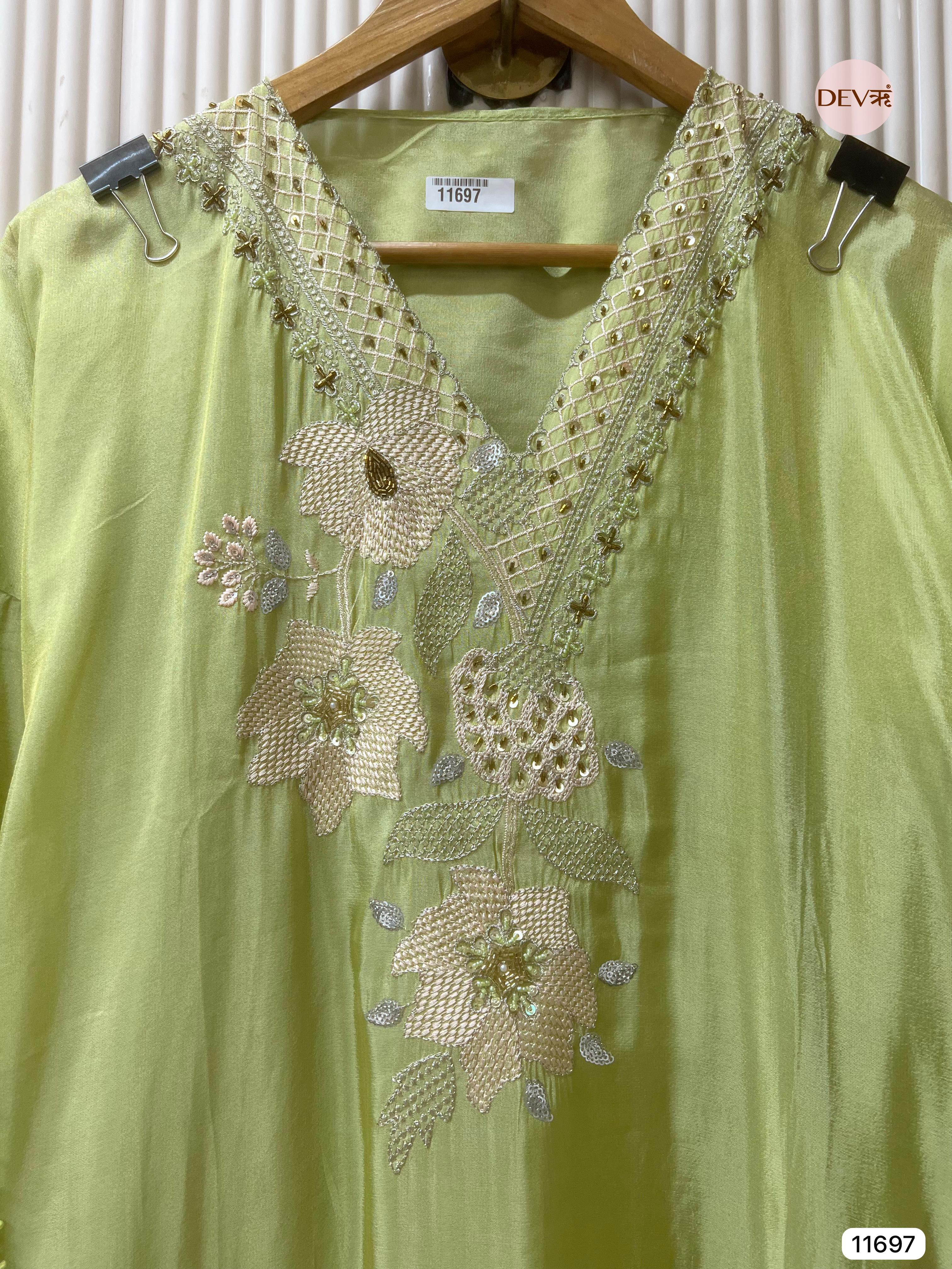 Lime Green Tissue Shimmer Silk Semi Stitched Hand Embroidered -Set Of 3 - {11697}