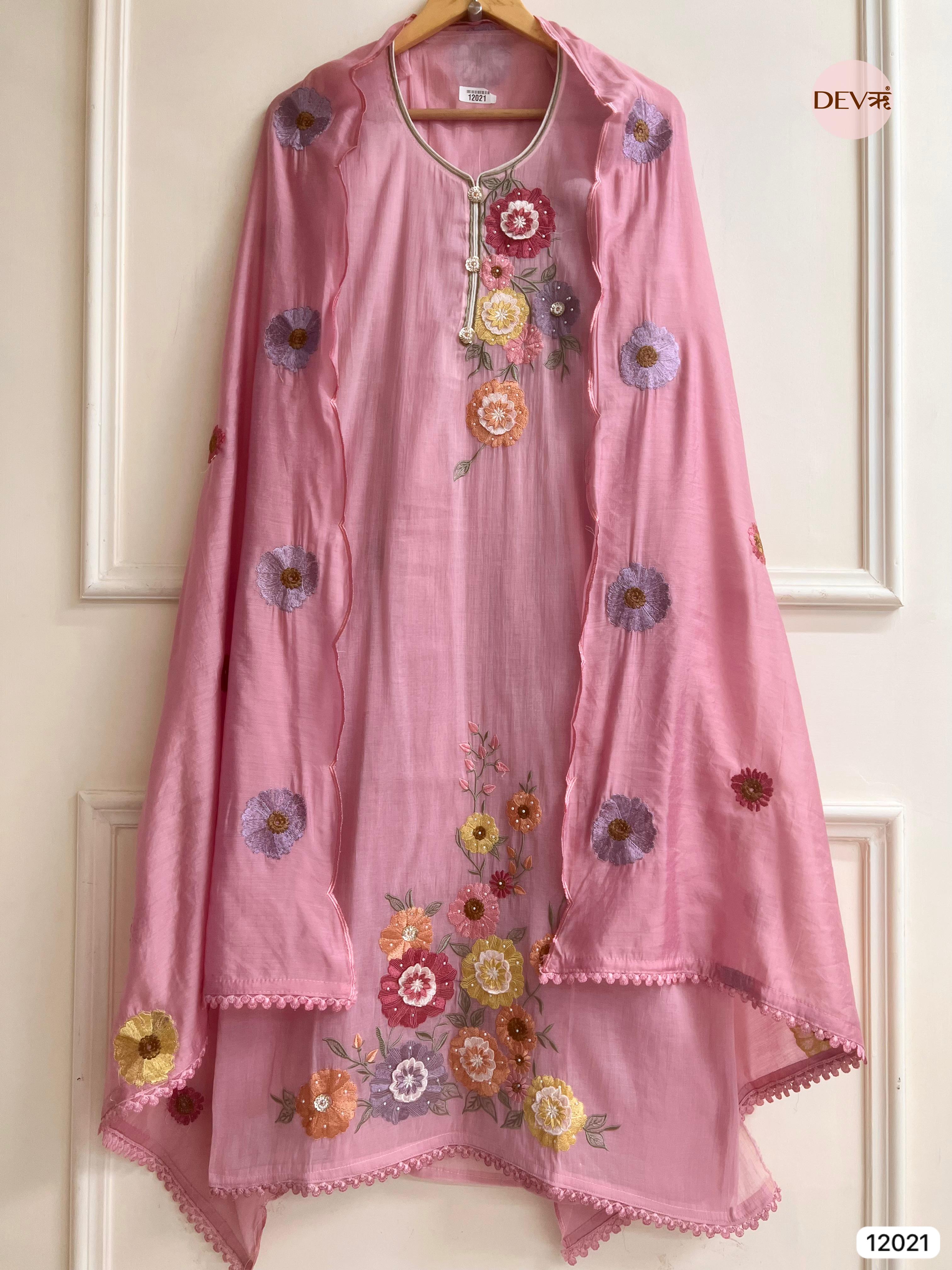 Pink Pure Mul Chanderi Unstitched Embroidered -Set Of 3 - {12021}