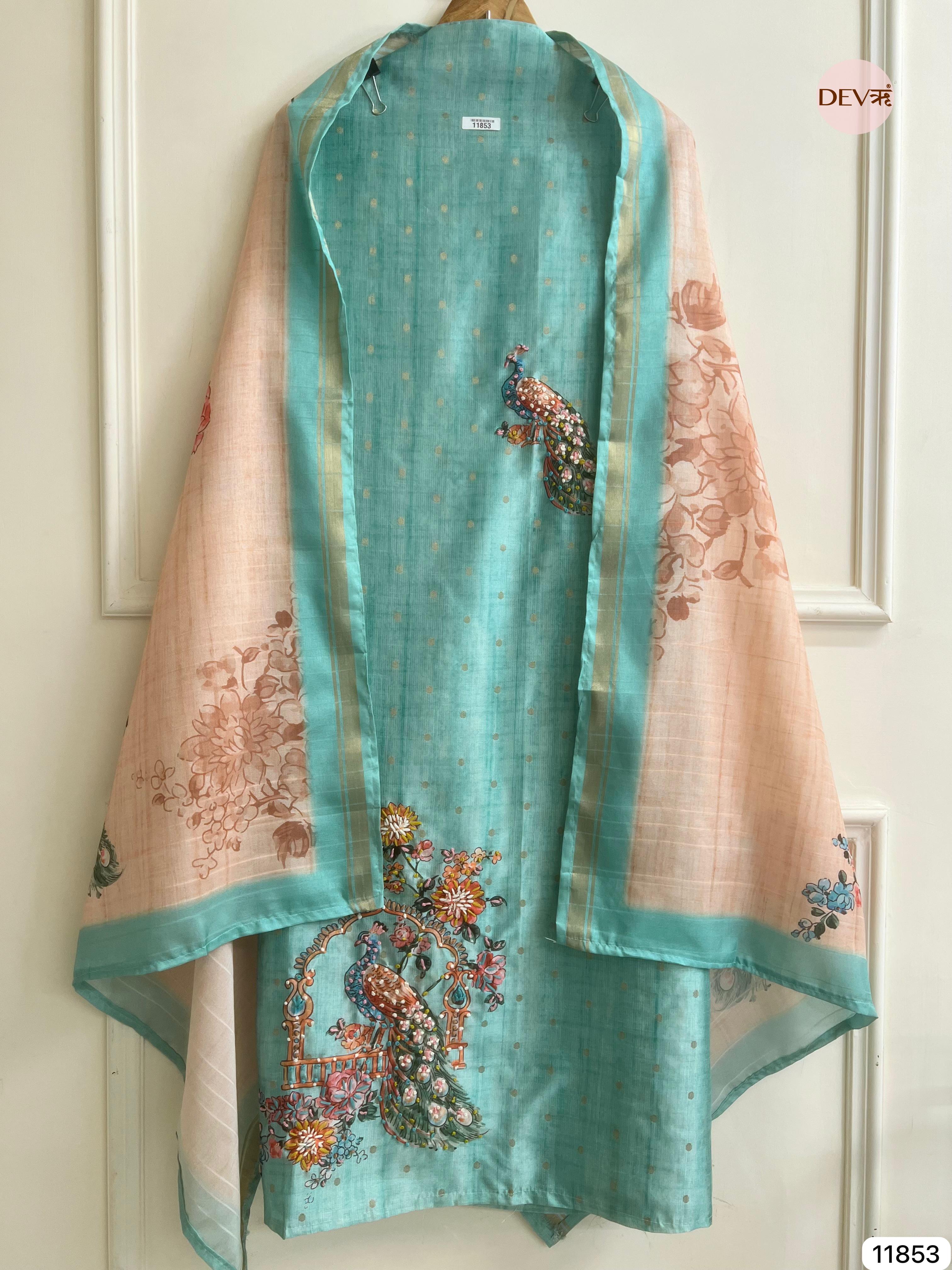 Light Blue Tusser Silk Unstitched Printed Hand Embroidered -Set Of 3- {11853}