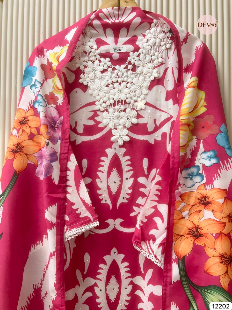 Pink Muslin Printed Unstitched 3-Piece Suit (Devri – D.No 12202)