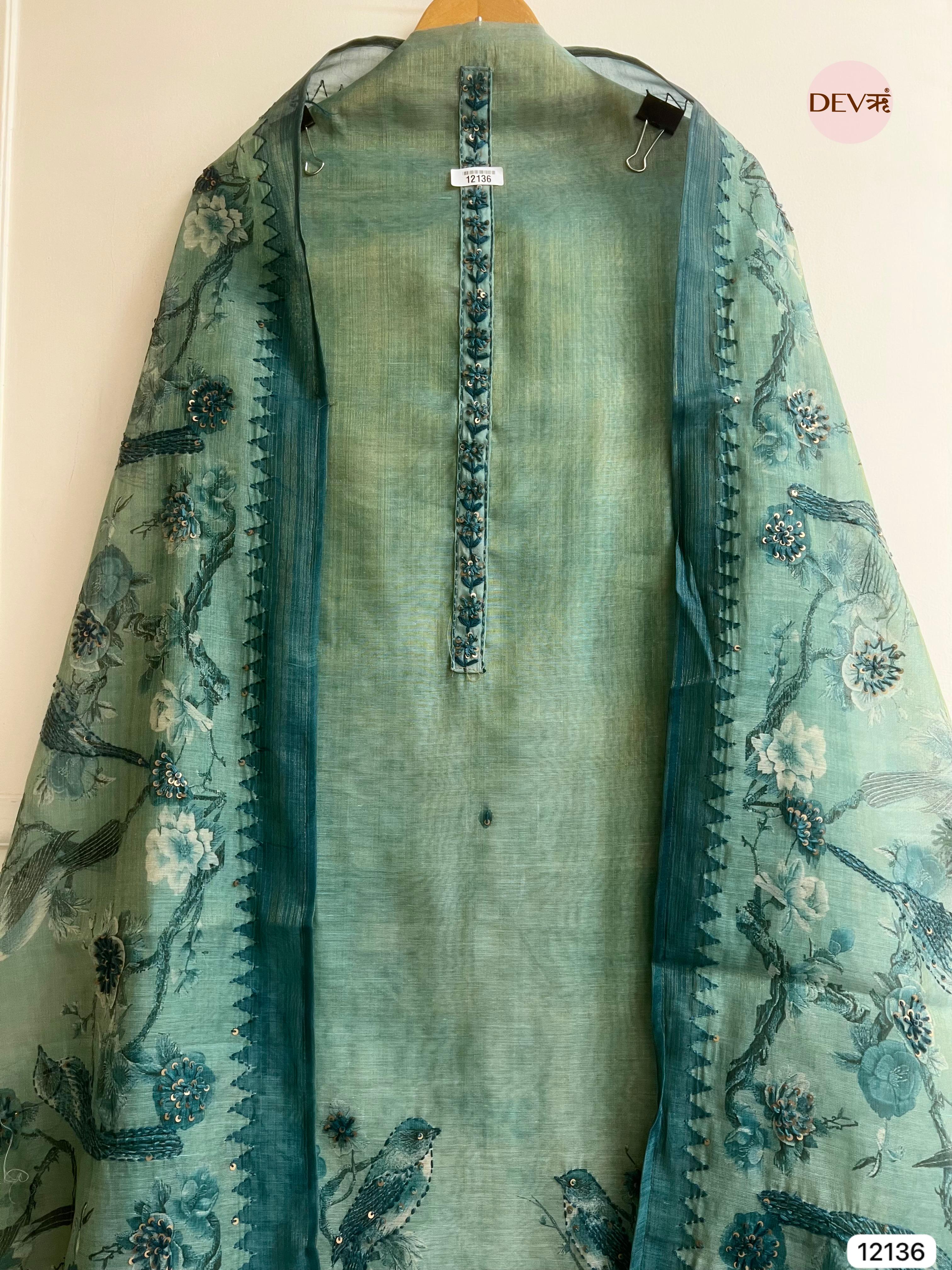 Green Pure  Soft jamdani linen Woven Unstitched -Set Of 3 - {12136}