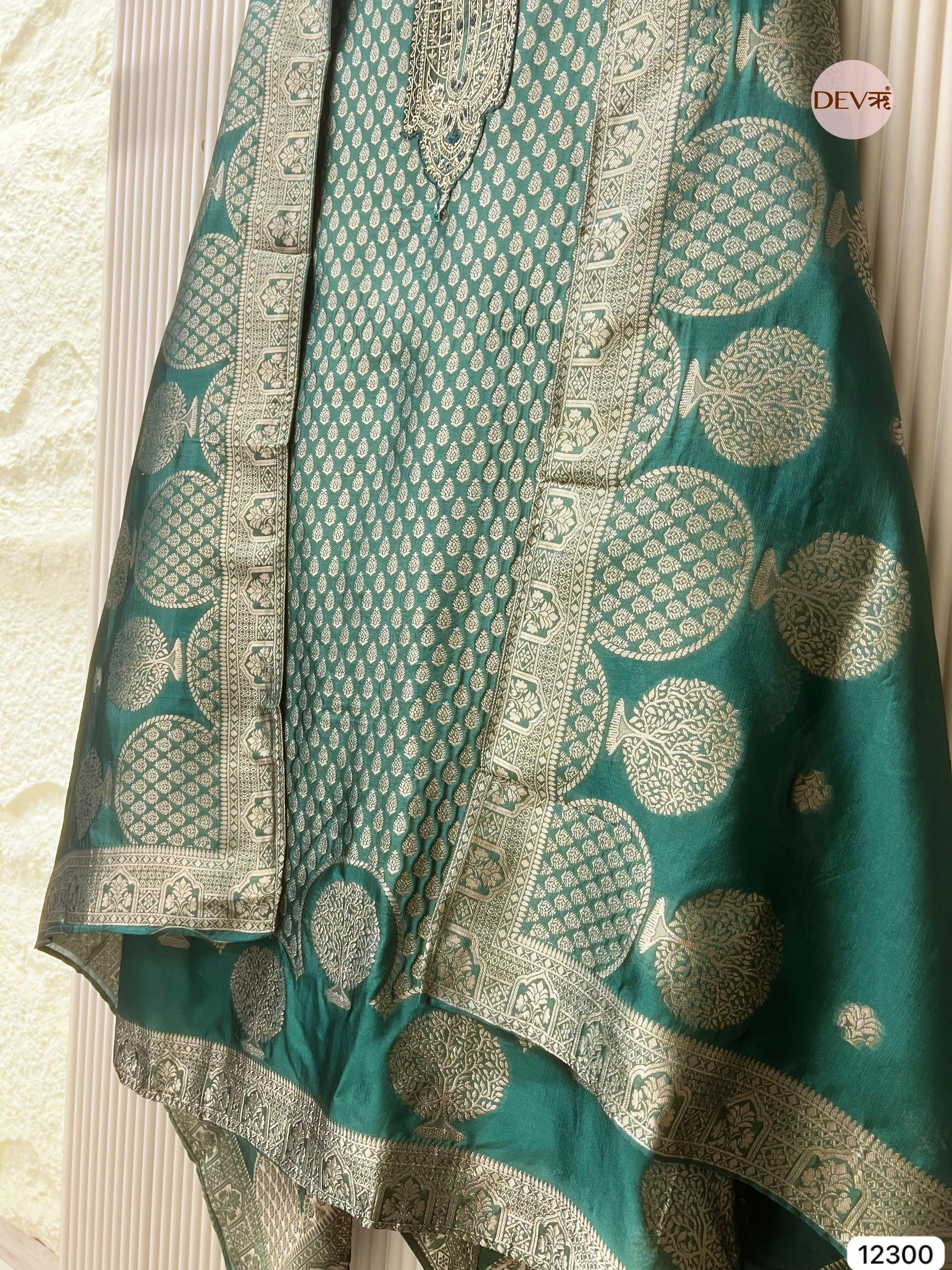 Teal Green Pure Banarasi Silk Woven Unstitched 3-Piece Suit (Devri – D.No 12300)