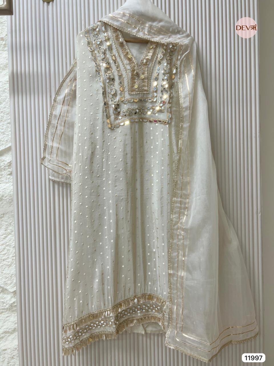 Cream Colour Tissue Shimmer Silk Hand Embroidered -Set Of 3 - {11997}