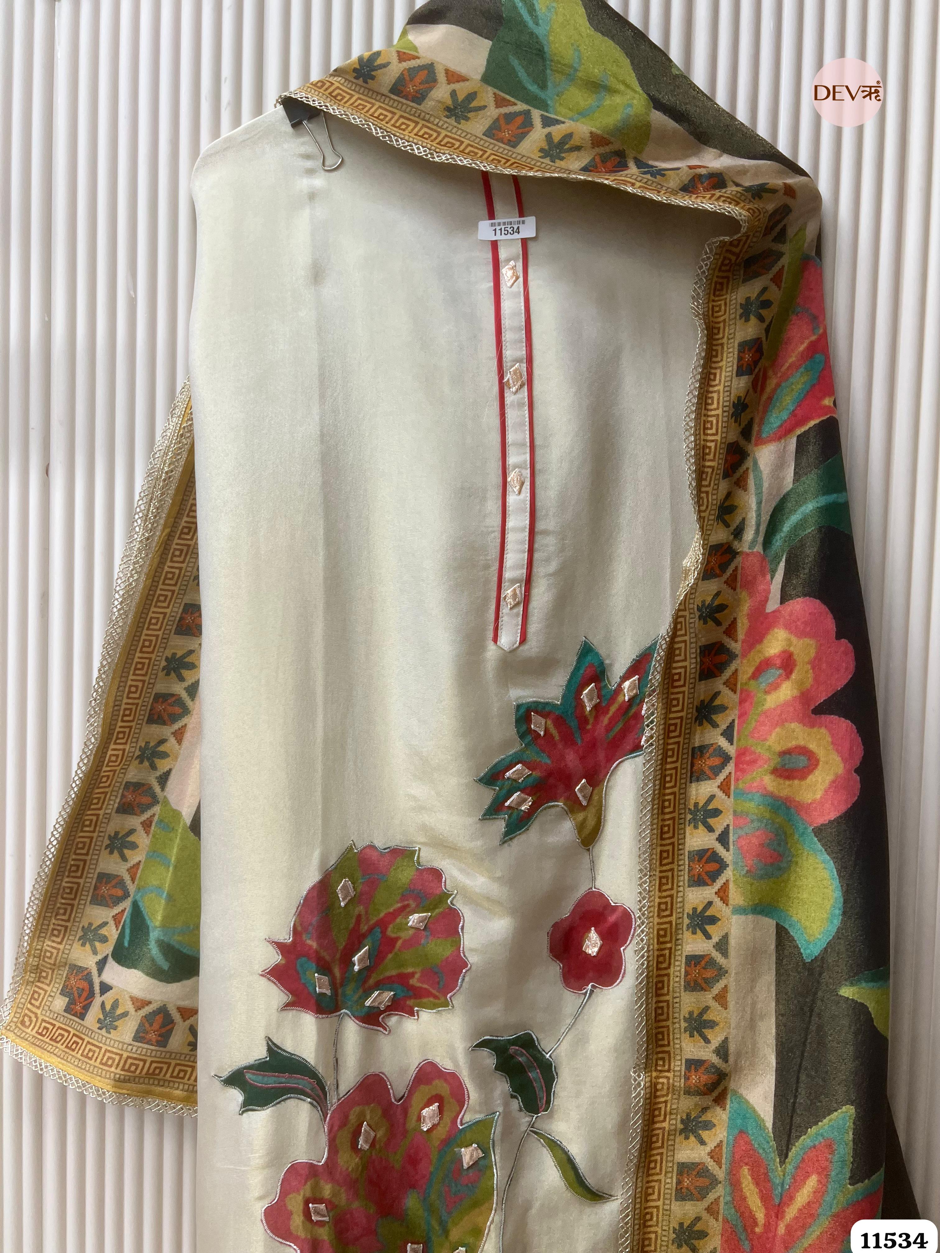 Off White Tissue Silk Unstitched Applique Work Hand Embroidered -Set Of 3 {11534}