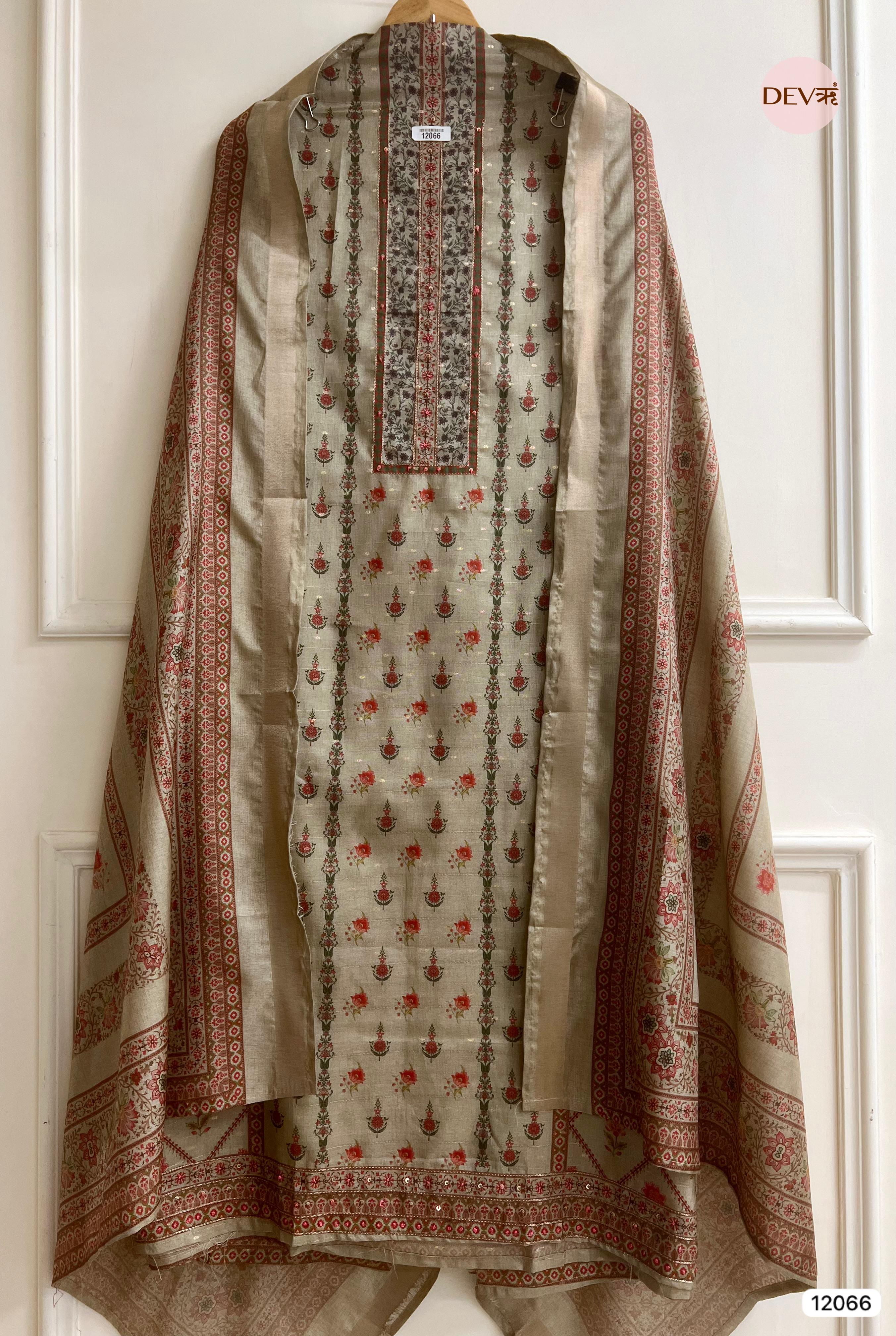 Peach Colour Raw Handloom Silk Unstitched Designer Printed With Hand Embroidery -Set Of 3 - {12066}