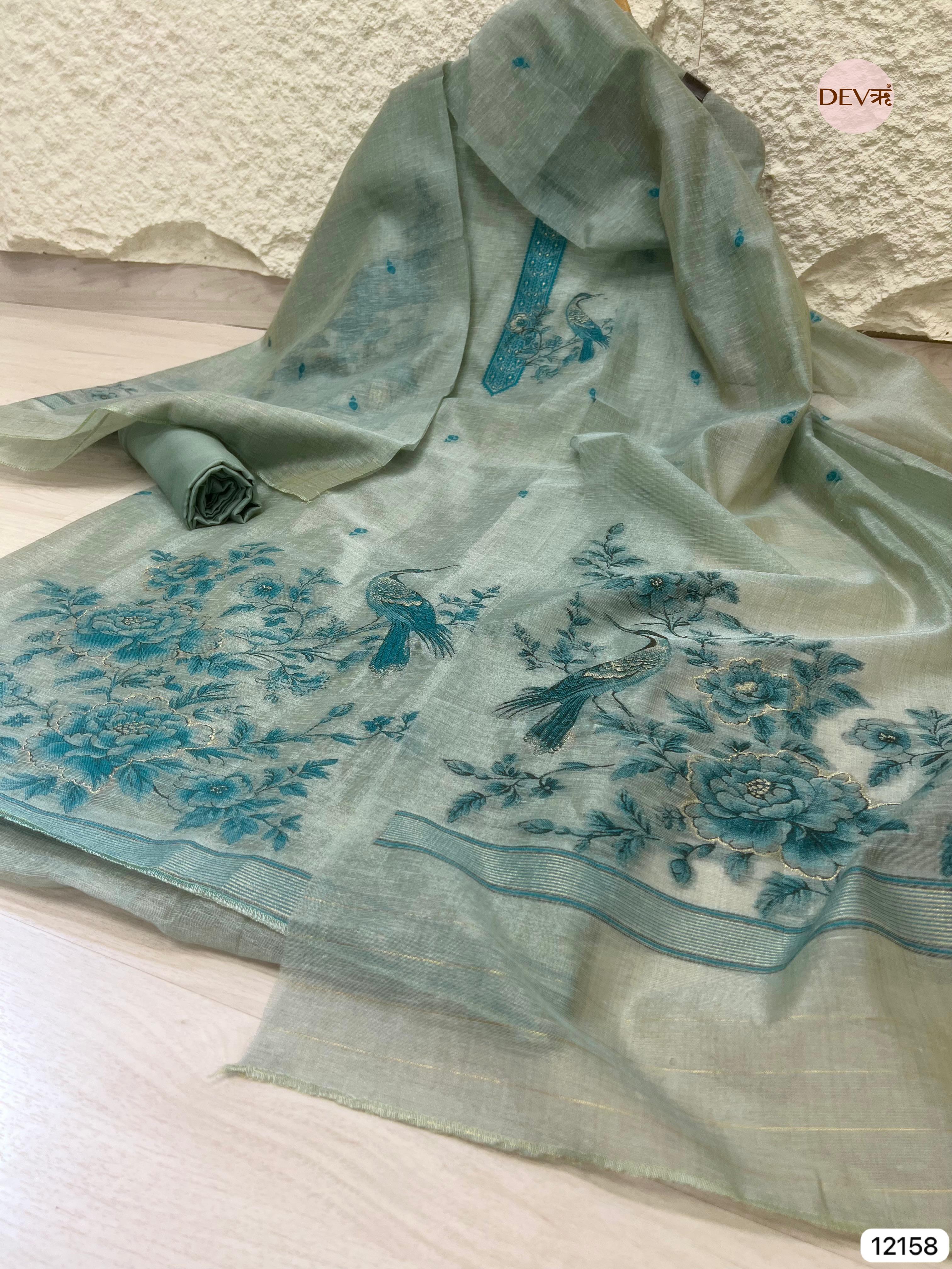 {12158} Green Jamdani Linen Unstitched - Set Of 3