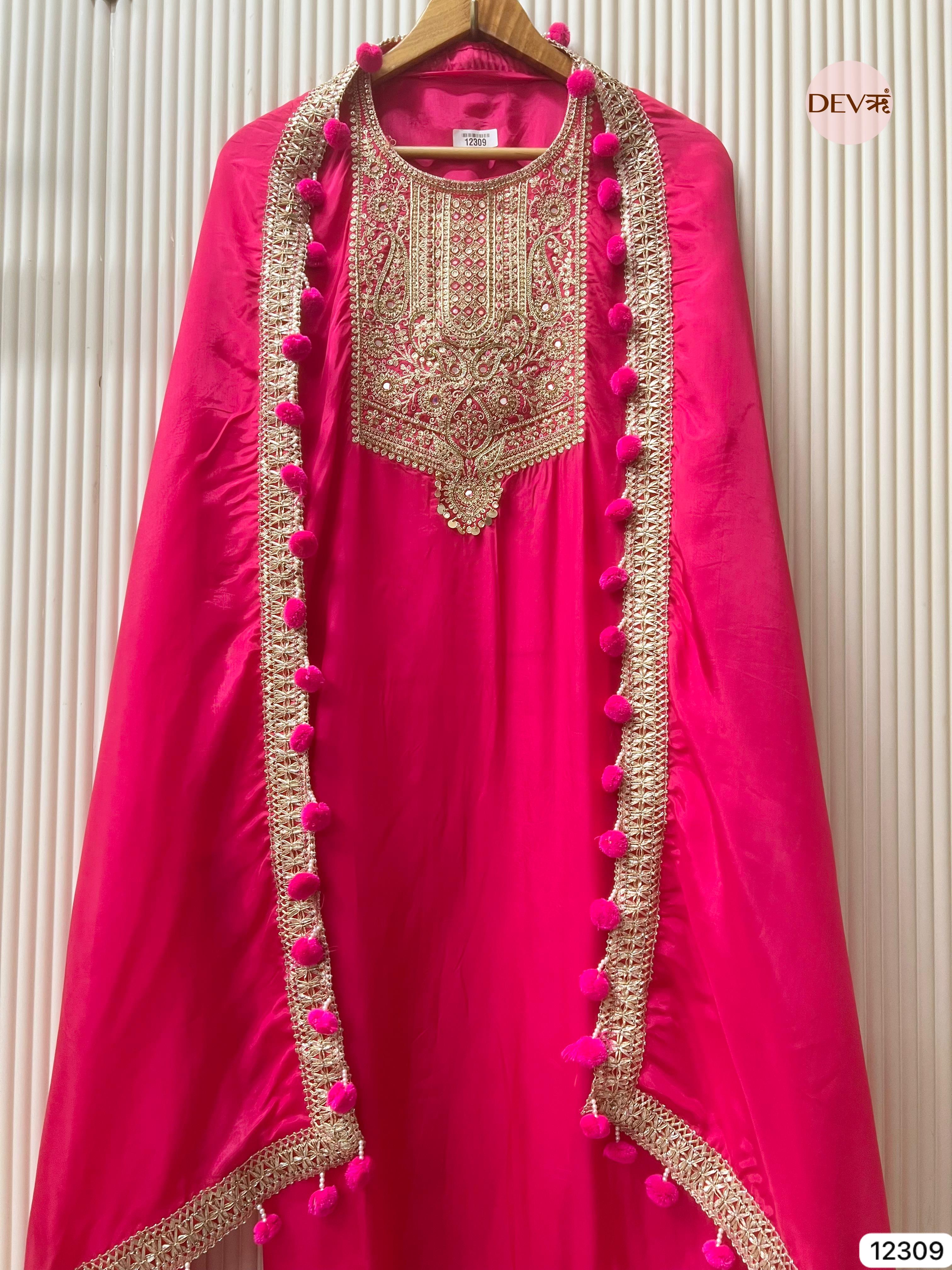 Rani Pink Glass Organza Embroidered Unstitched 3-Piece Suit (Devri – D.No 12309)