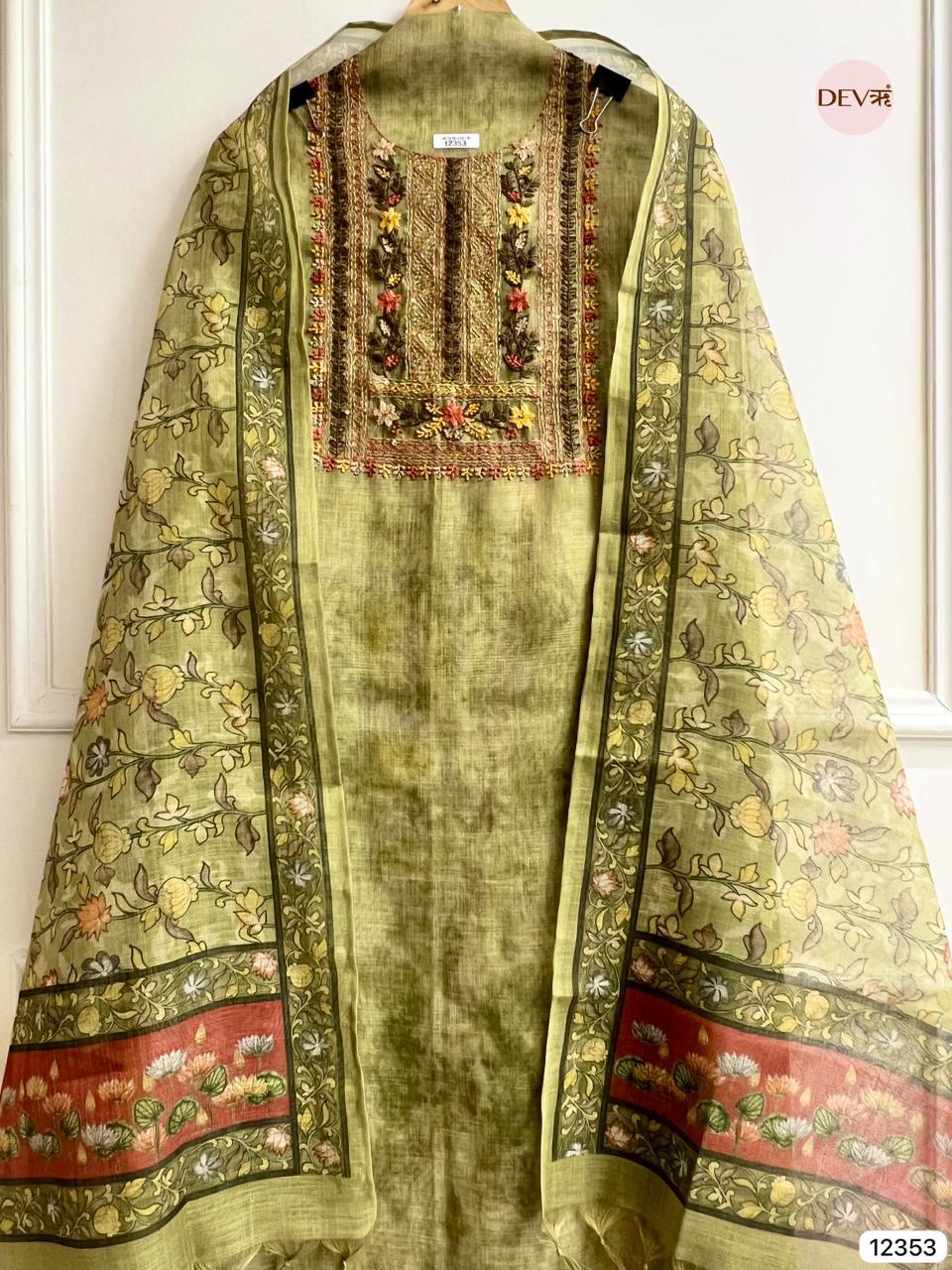 Olive Green Linen Hand Embroidered Unstitched 3-Piece Suit (Devri – D.No 12353)