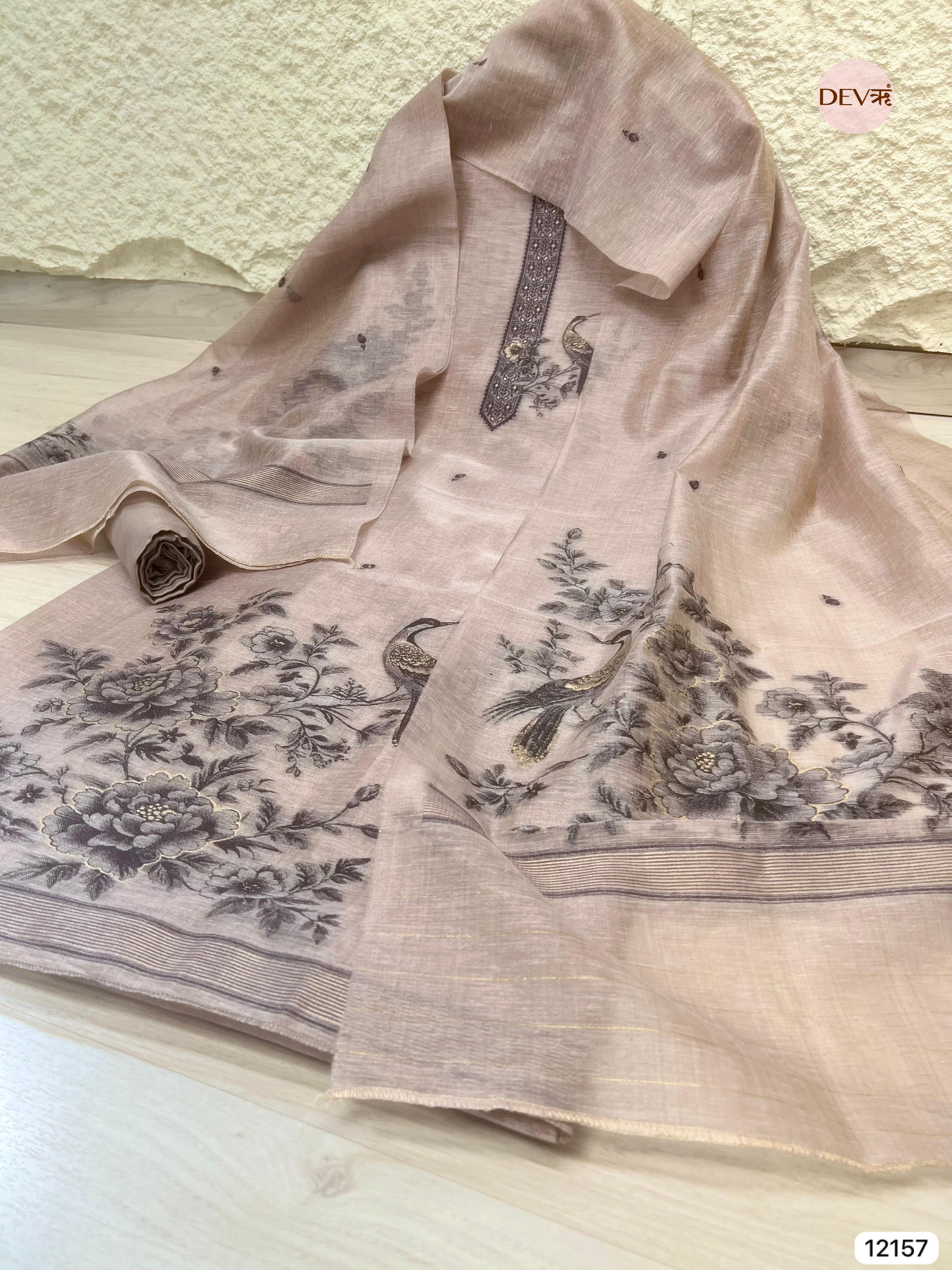 Light Brown Pure Jamdani Linen Unstitched -Set Of 3 - {12157}
