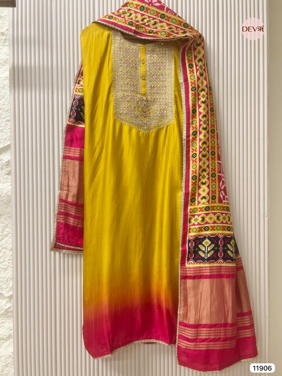 Yellow Pure Russian Silk Unstitched Hand Embroidered -Set Of 3 - {11906}