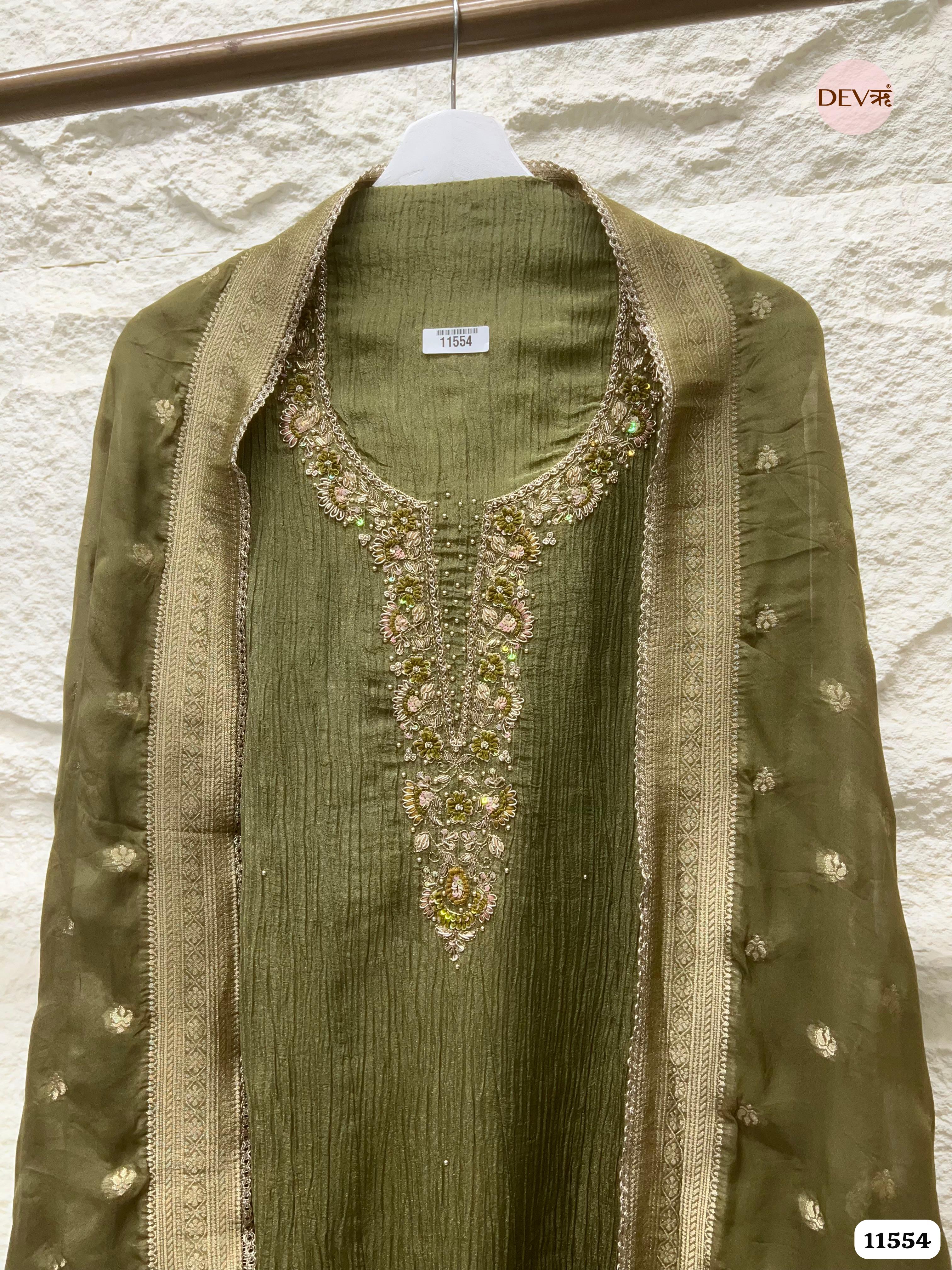 Olive Green Pure Tissue Crush Silk Unstitched Hand Embroidered -Set Of 3 {11554}