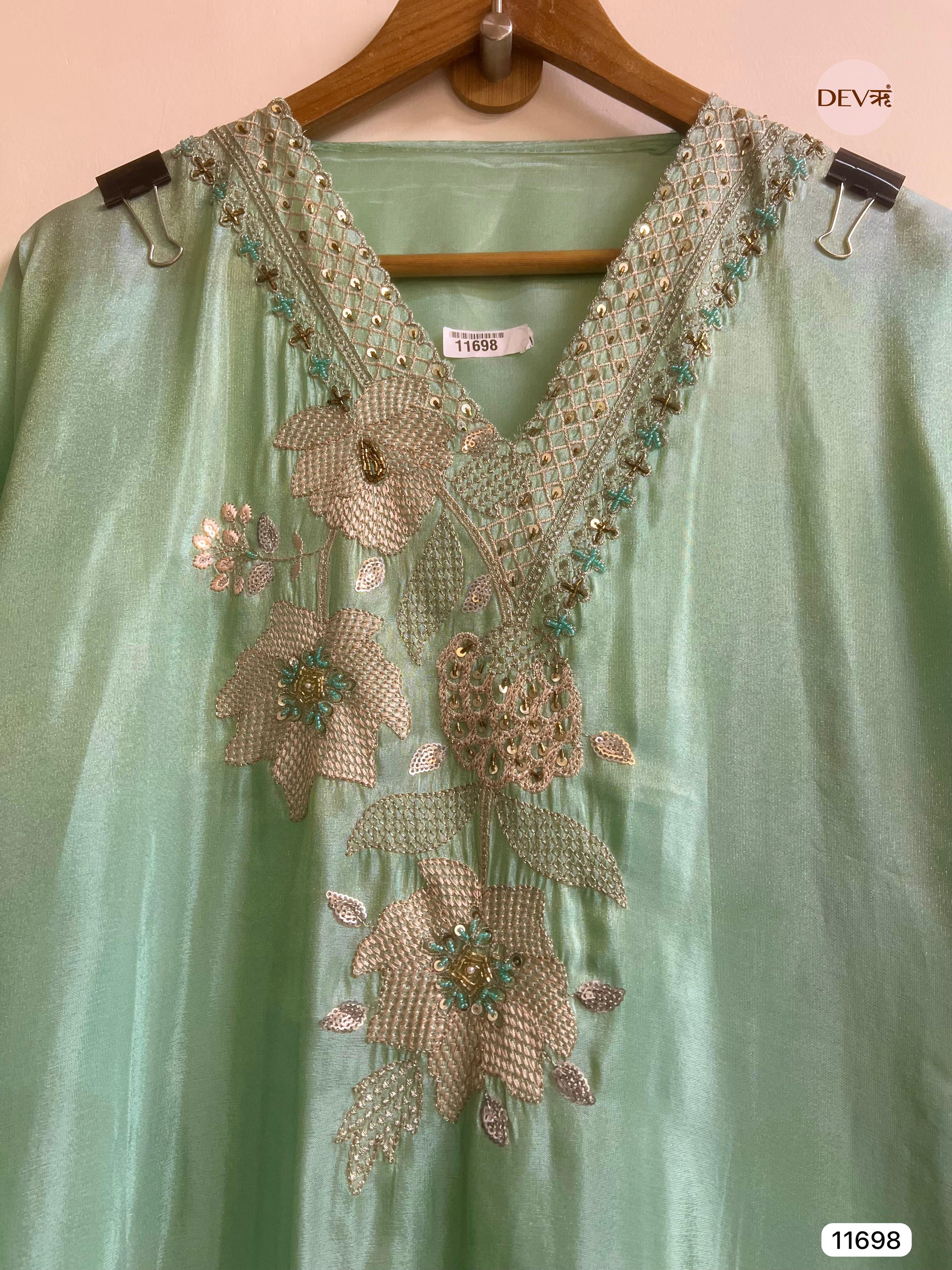 Green Tissue Shimmer Silk Semi Stitched Hand Embroidered -Set Of 3- {11698}