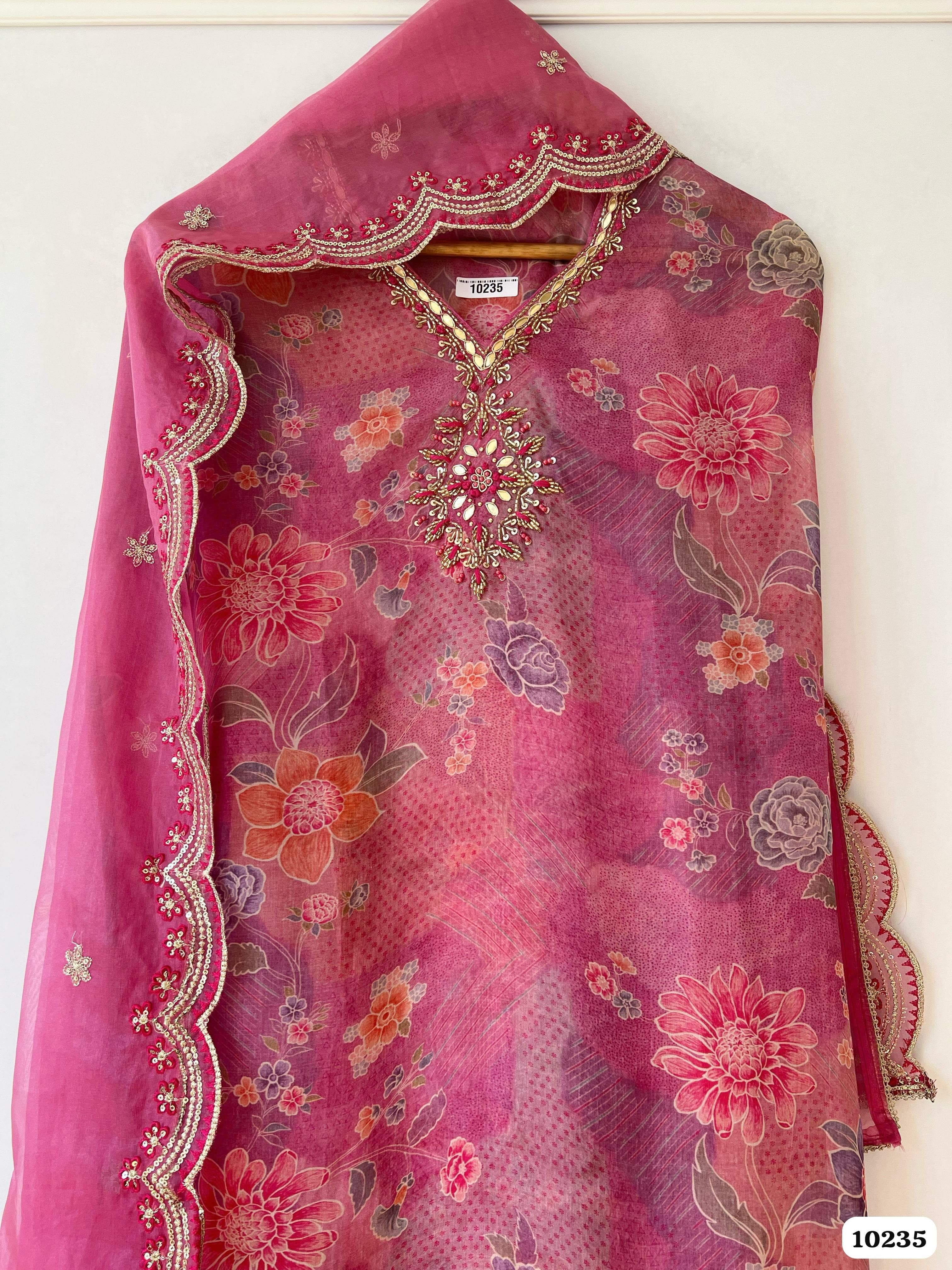 Pink Soft Organza Un- Stitched Handwork Printed -Set Of 3 {10235}