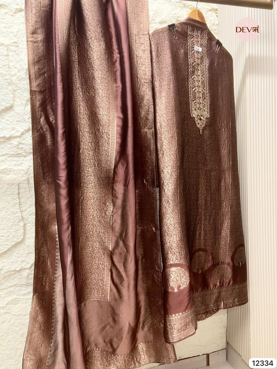 Rich Brown Pure Banarasi Silk Woven Unstitched 3-Piece Suit (Devri – D.No 12334)