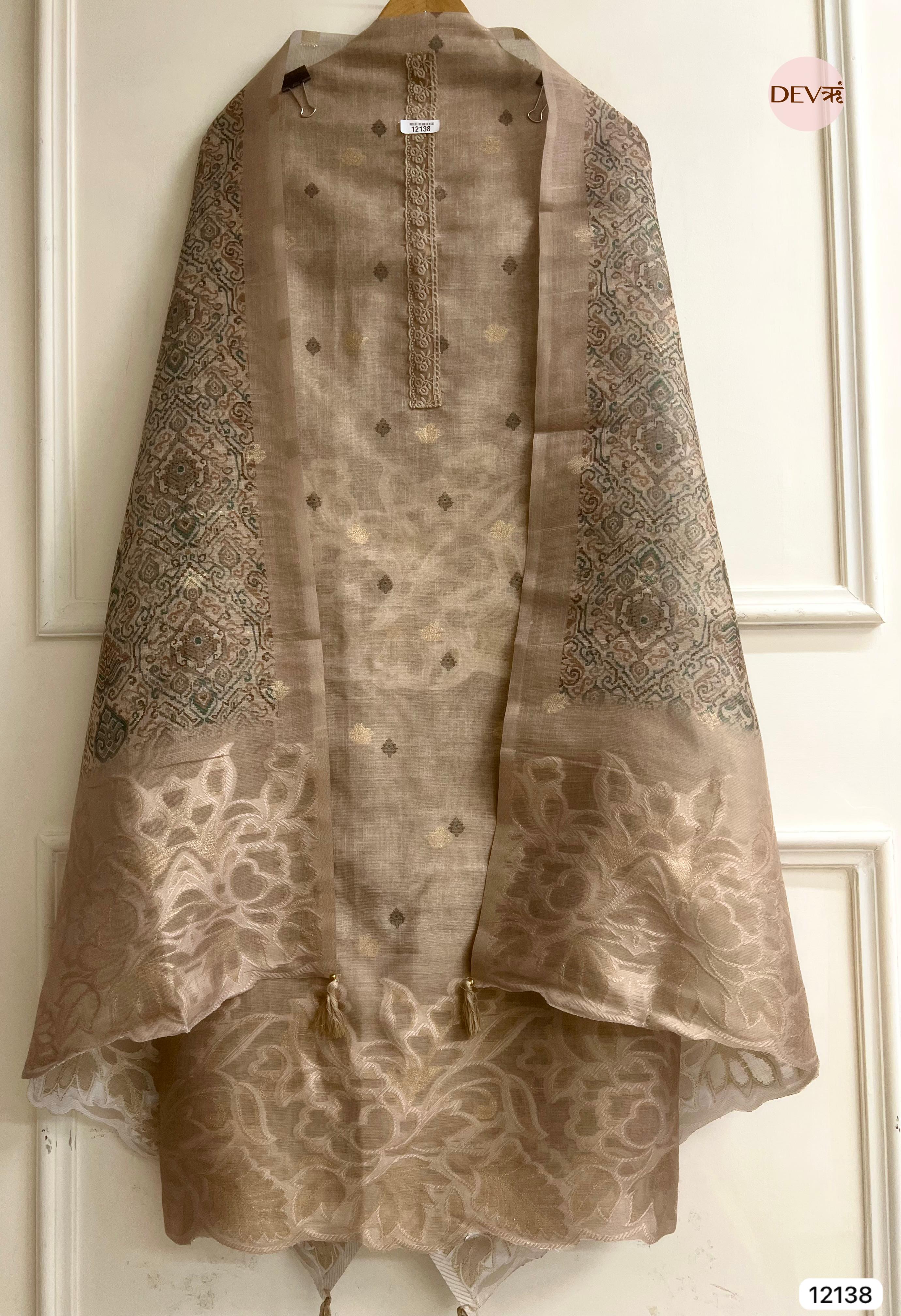 Beige Pure Jamdhani Silk Unstitched Woven Embroidered -Set Of 3 - {12138}