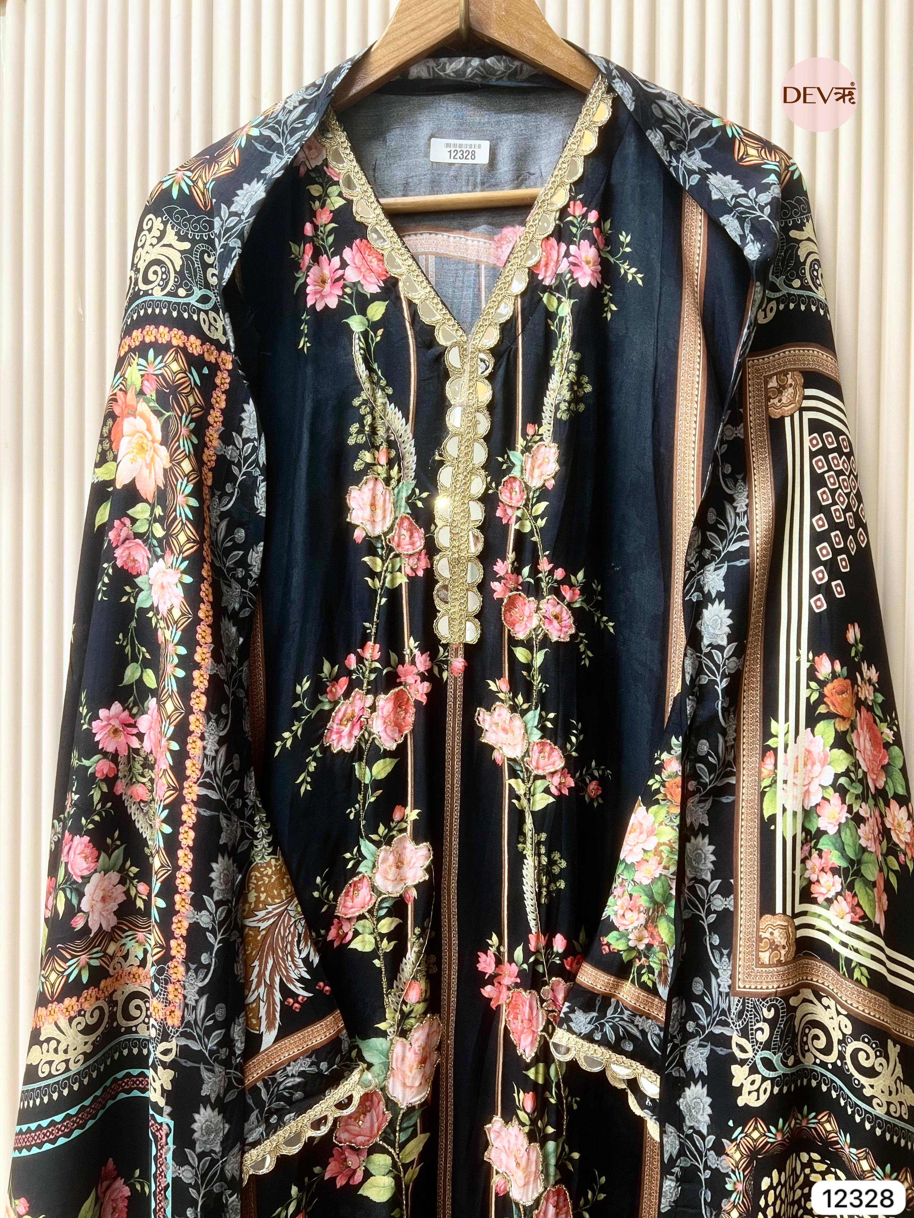 Deep Navy Muslin Printed Unstitched 3-Piece Suit (Devri – D.No 12328)