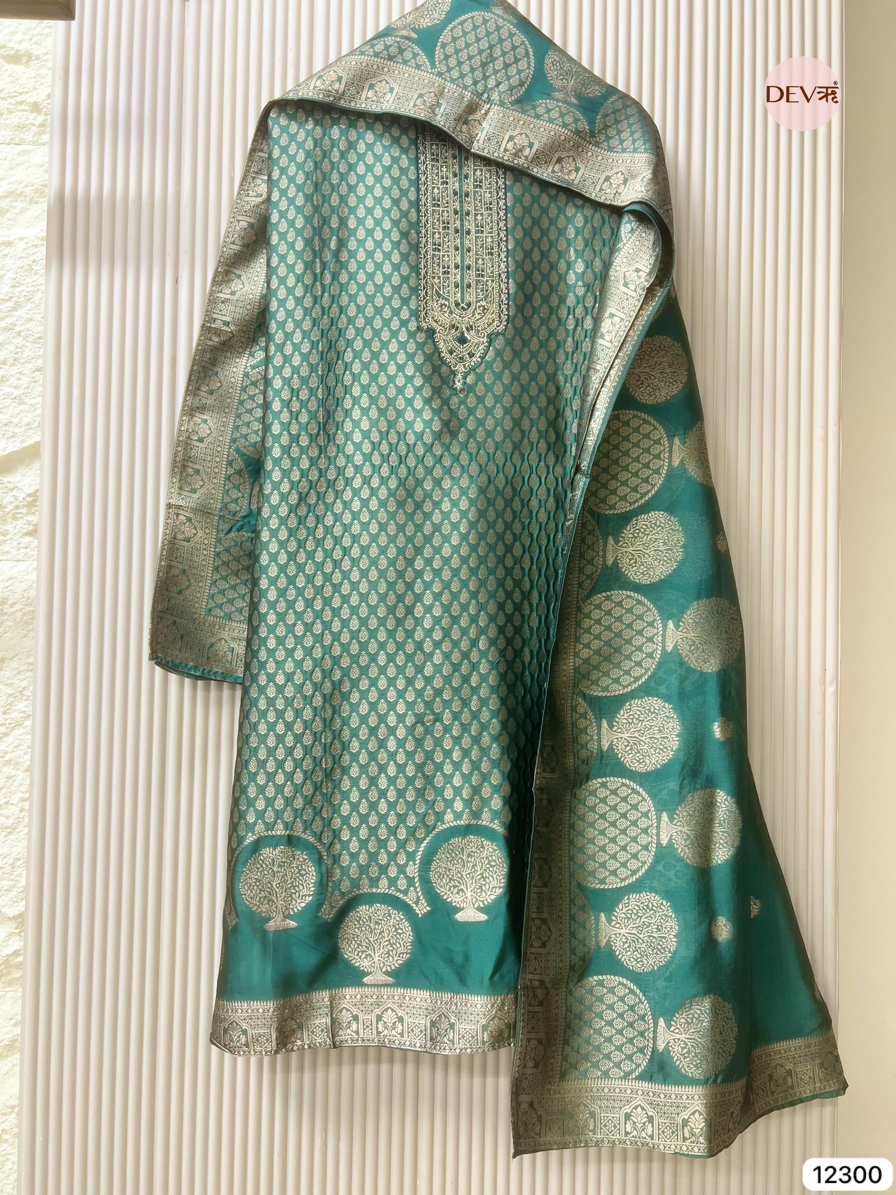 Teal Green Pure Banarasi Silk Woven Unstitched 3-Piece Suit (Devri – D.No 12300)