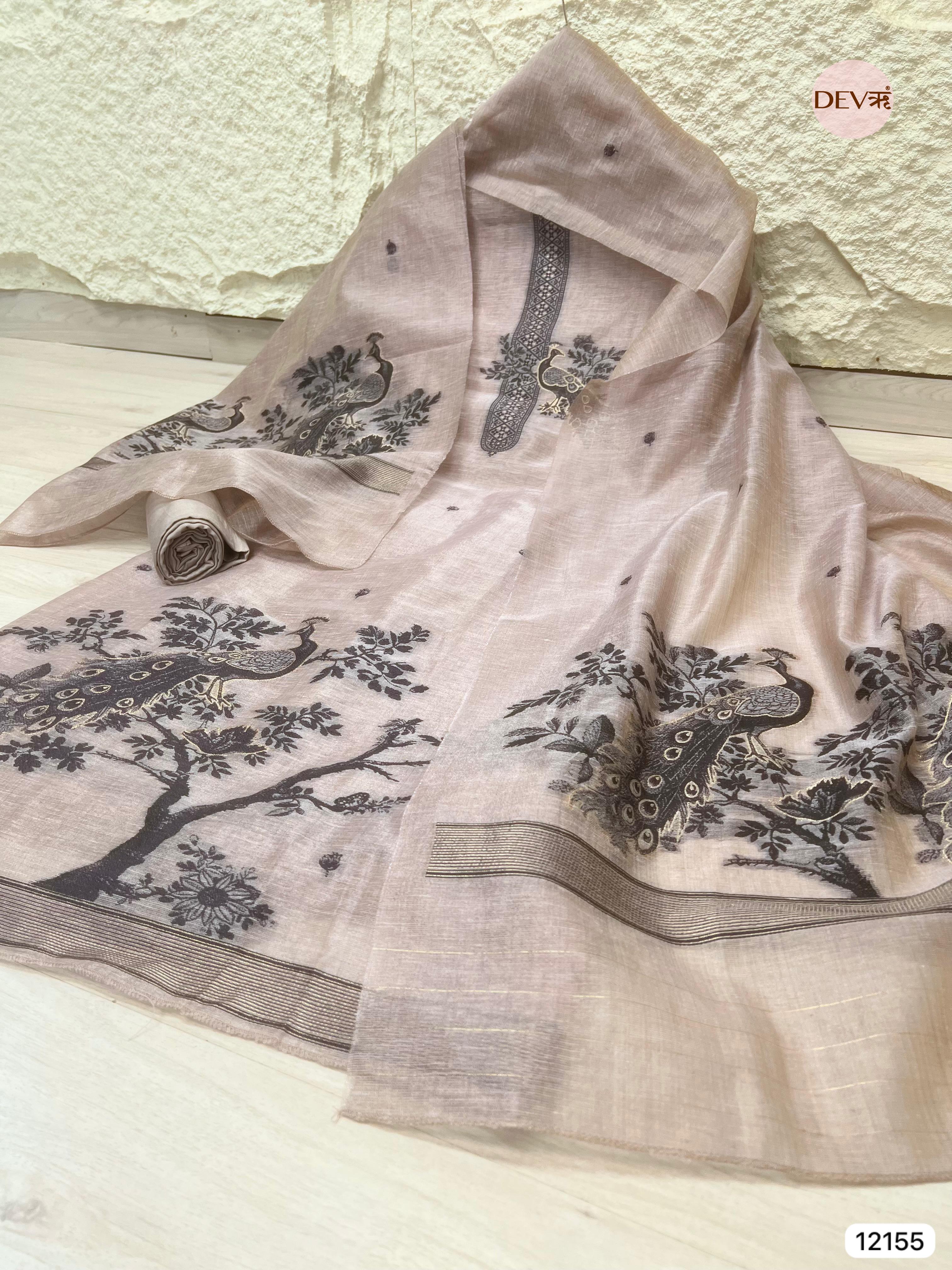 Light Brown Pure Jamdani Linen Unstitched-Set Of 3 - {12155}
