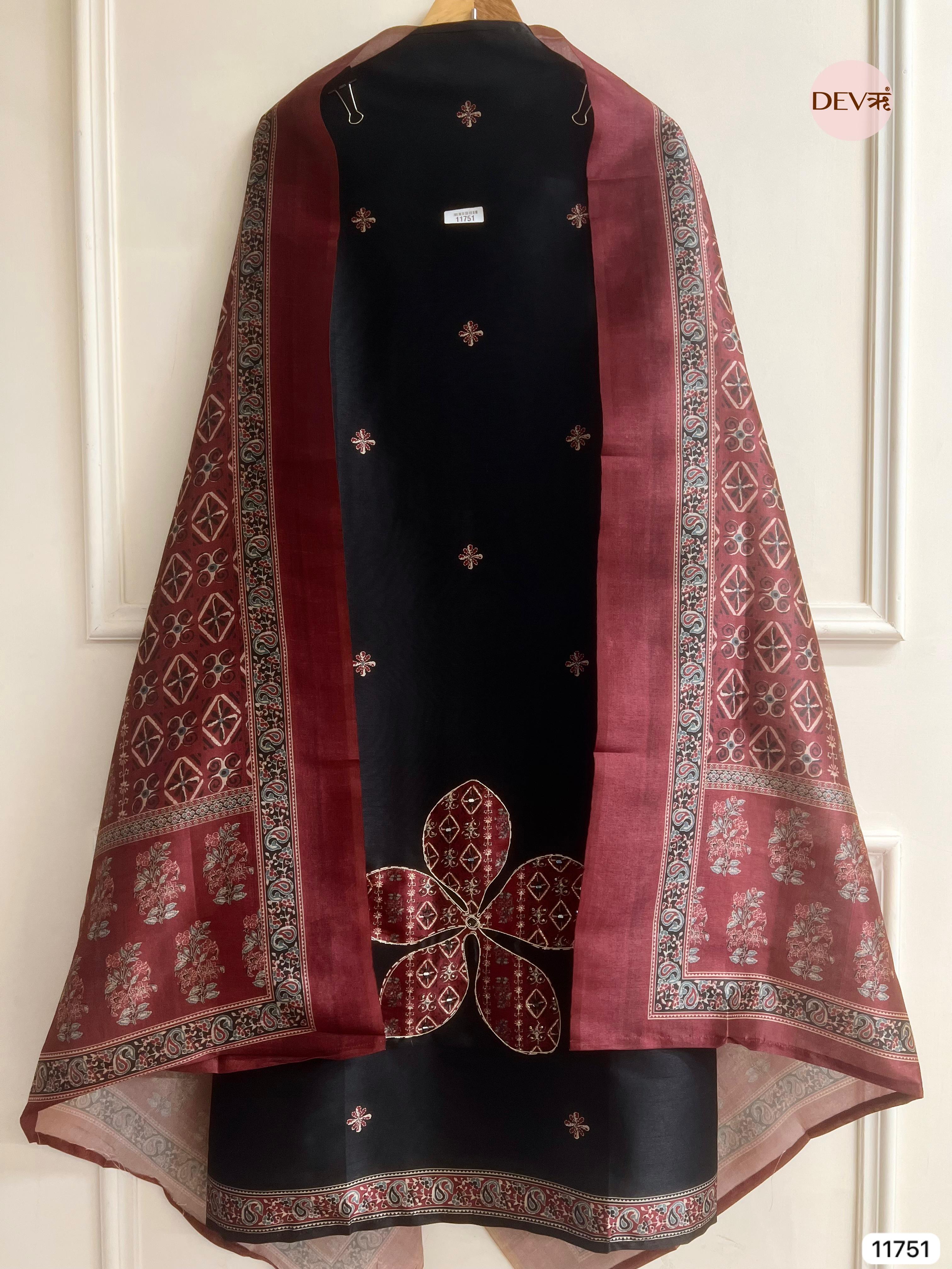Black Raw Silk Unstitched Hand Applique Work Embroidered -Set Of 3 - {11751}
